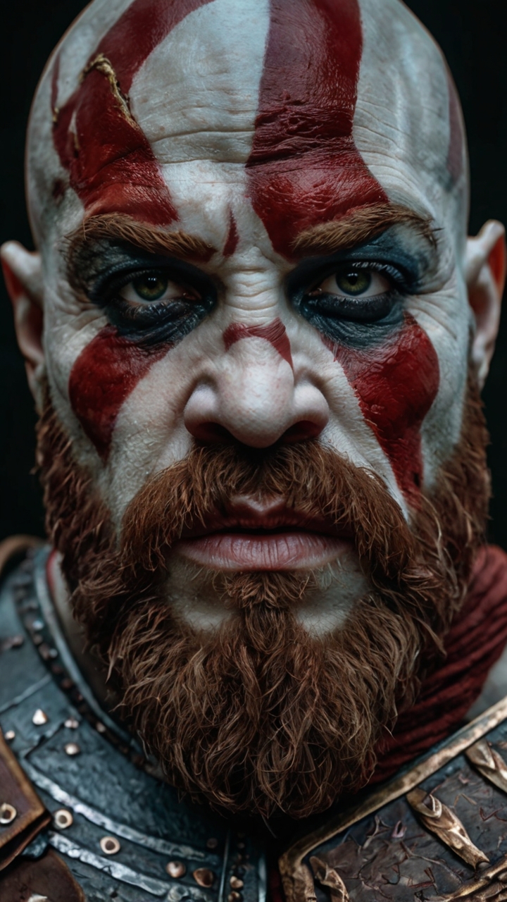 Kratos God Of War Red Warpaint Beard Armor Closeup