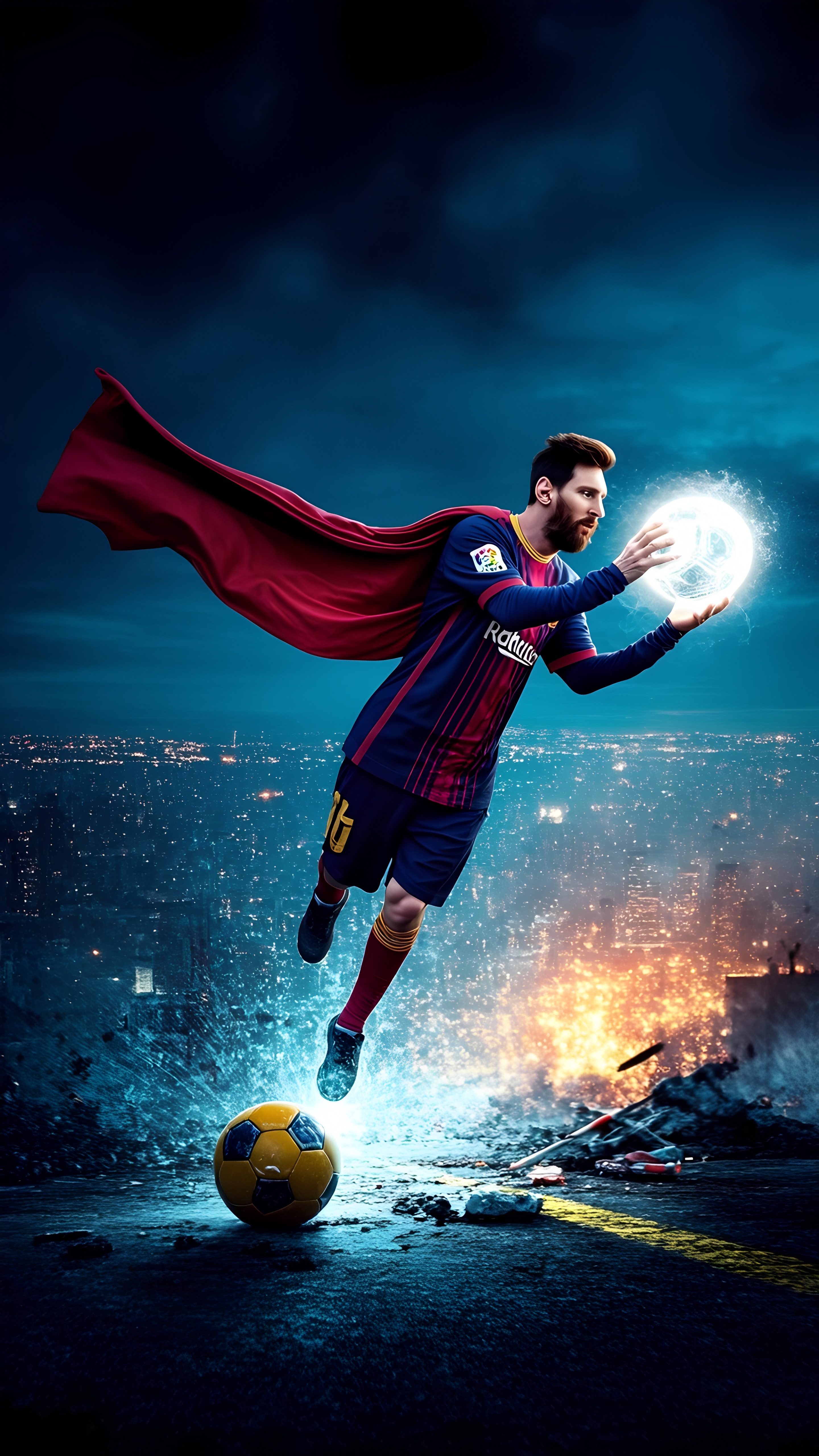 Lionel Messi Superhero Flying With Glowing Soccer Ball Over Cityscape 1