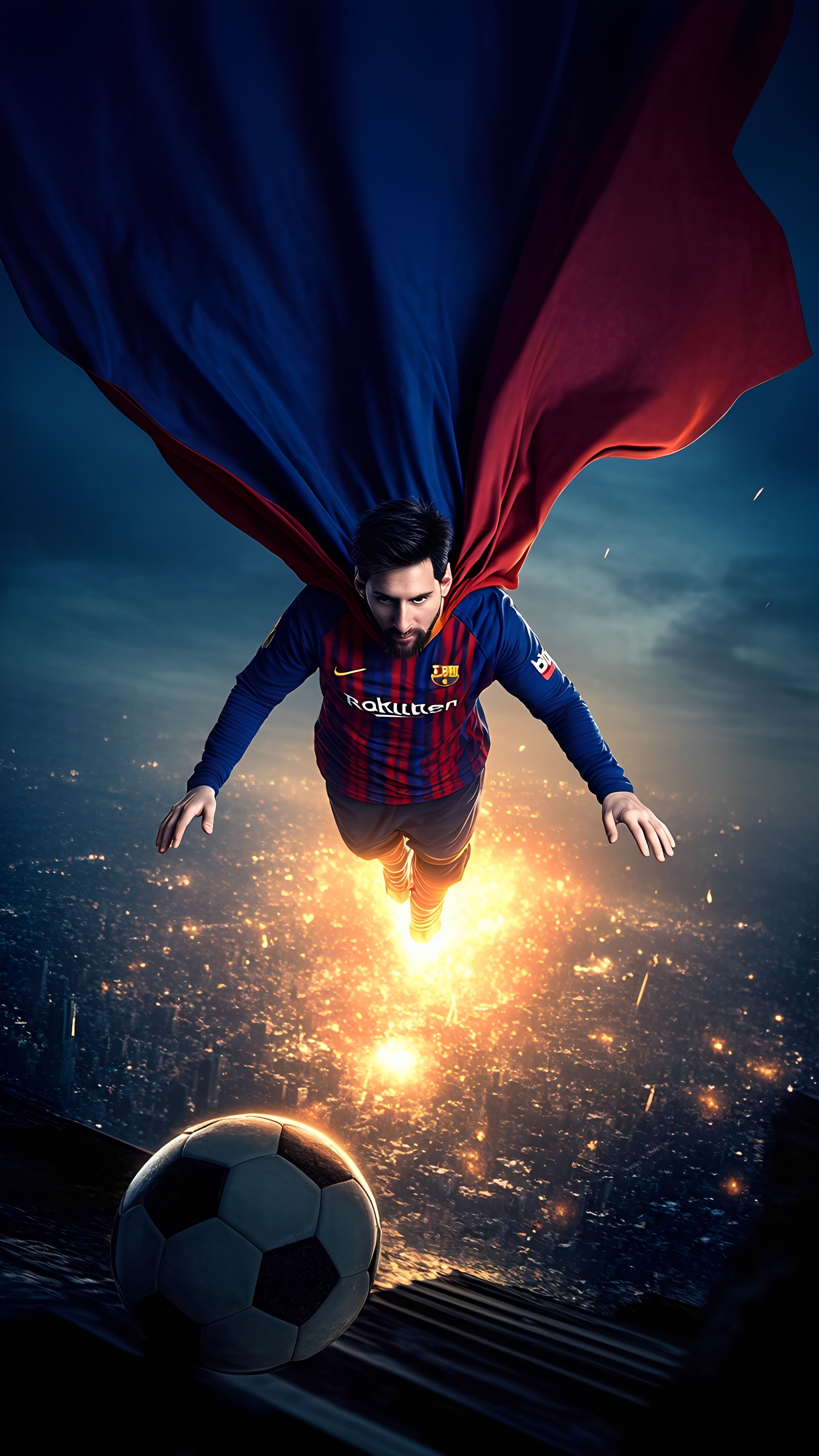 Lionel Messi Superhero Flying With Glowing Soccer Ball Over Cityscape 2