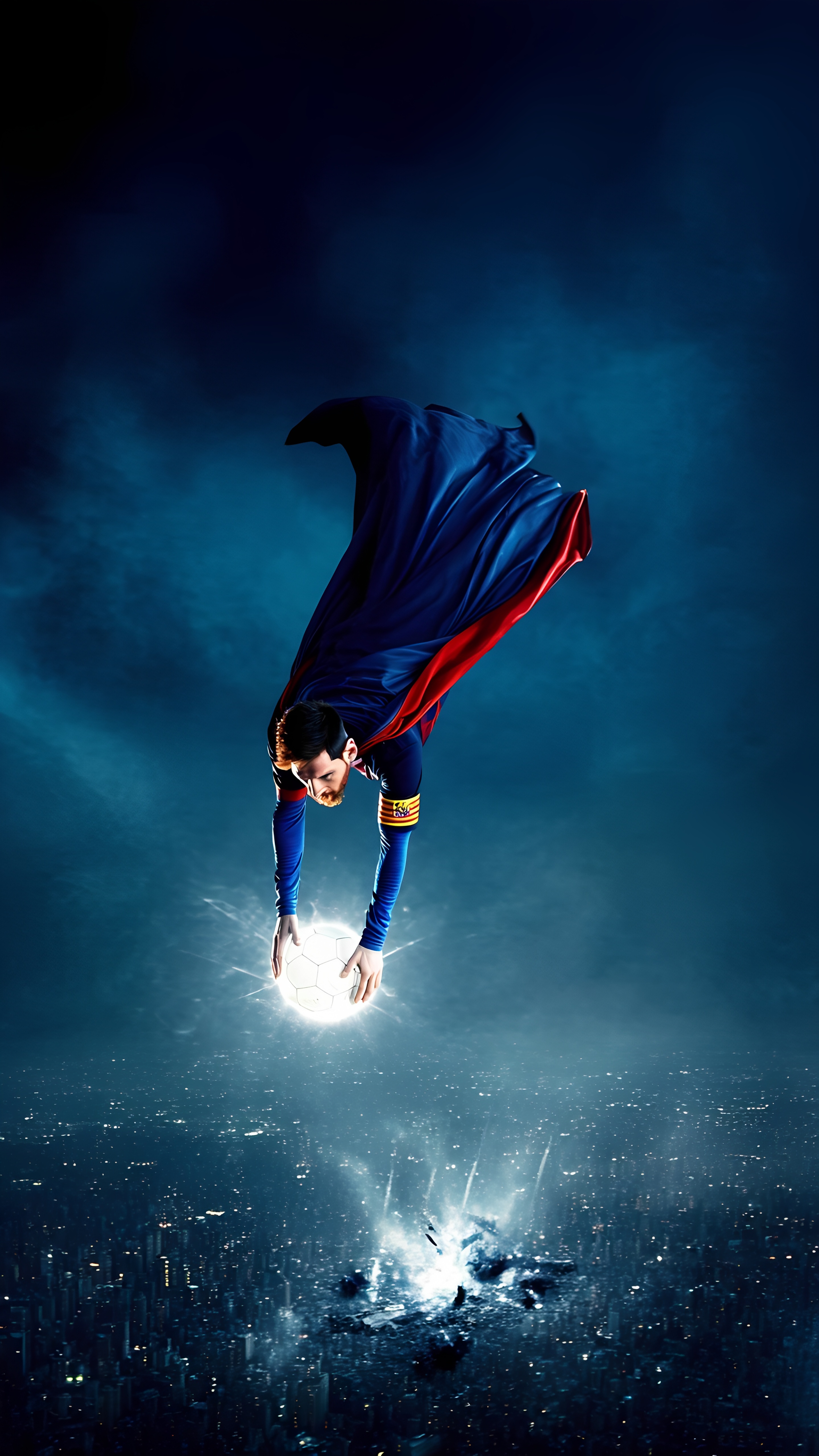 Lionel Messi Superhero Flying With Glowing Soccer Ball Over Cityscape 3