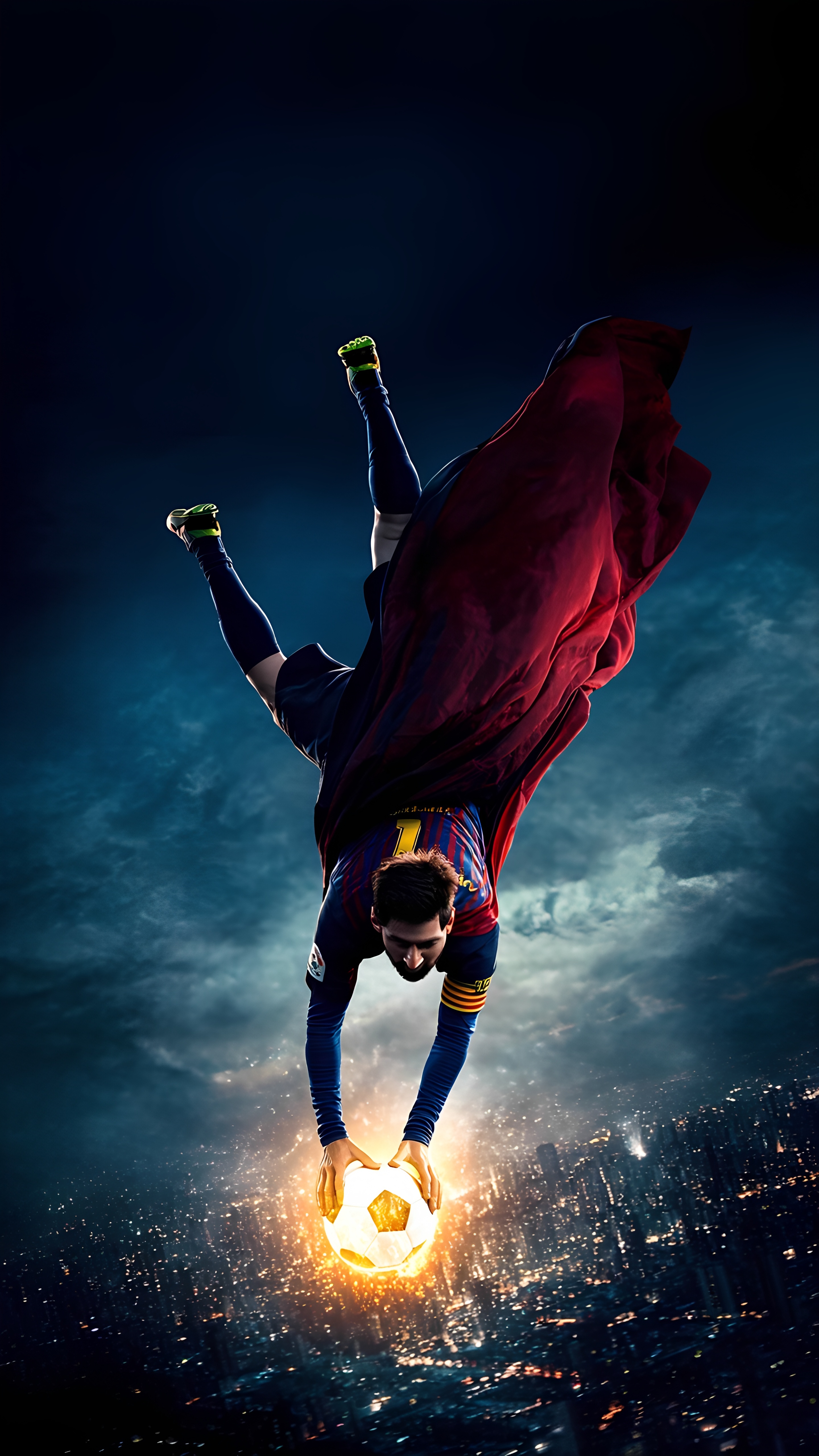 Lionel Messi Superhero Flying With Glowing Soccer Ball Over Cityscape 4