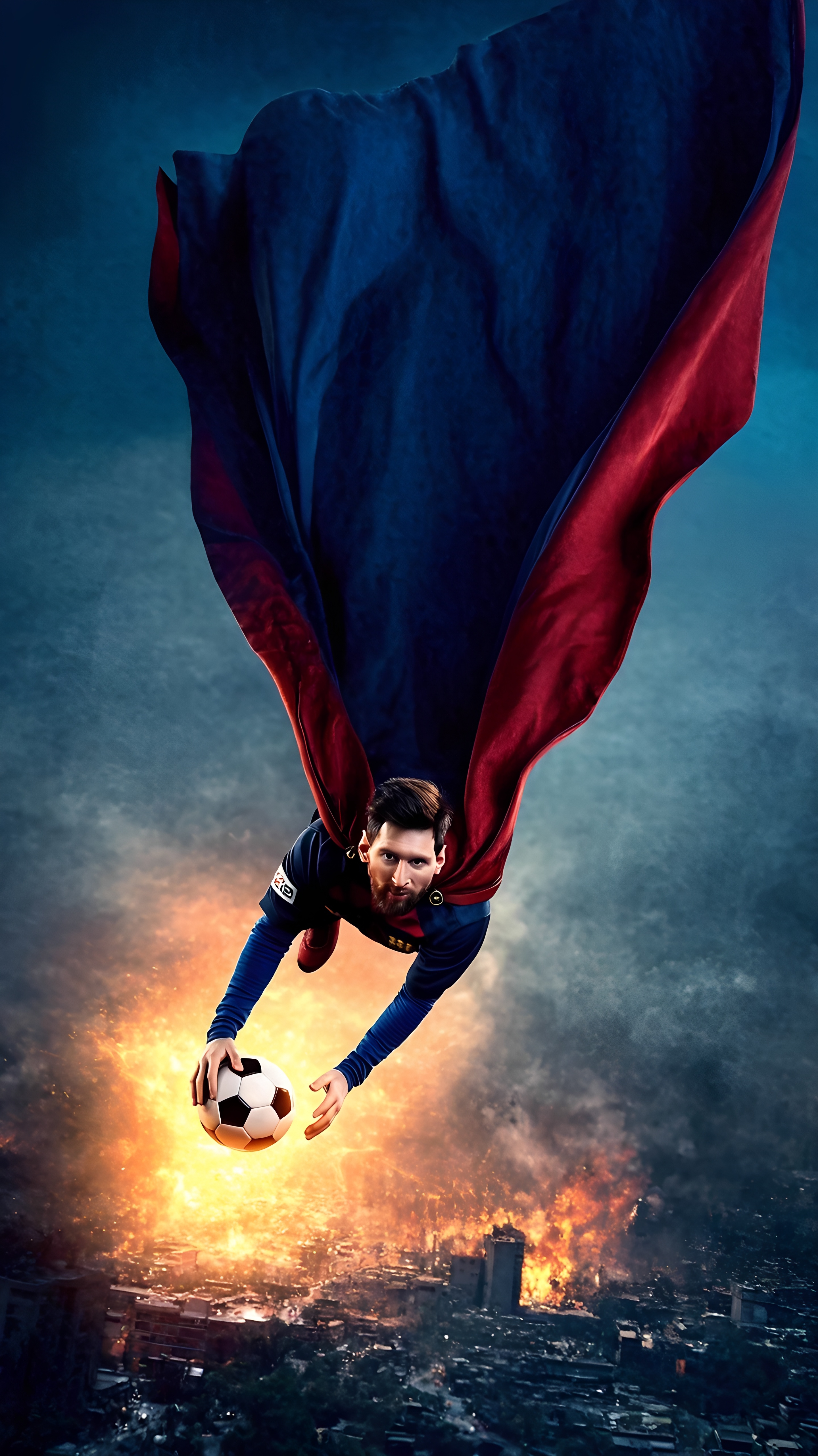 Lionel Messi Superhero Flying With Glowing Soccer Ball Over Cityscape 5