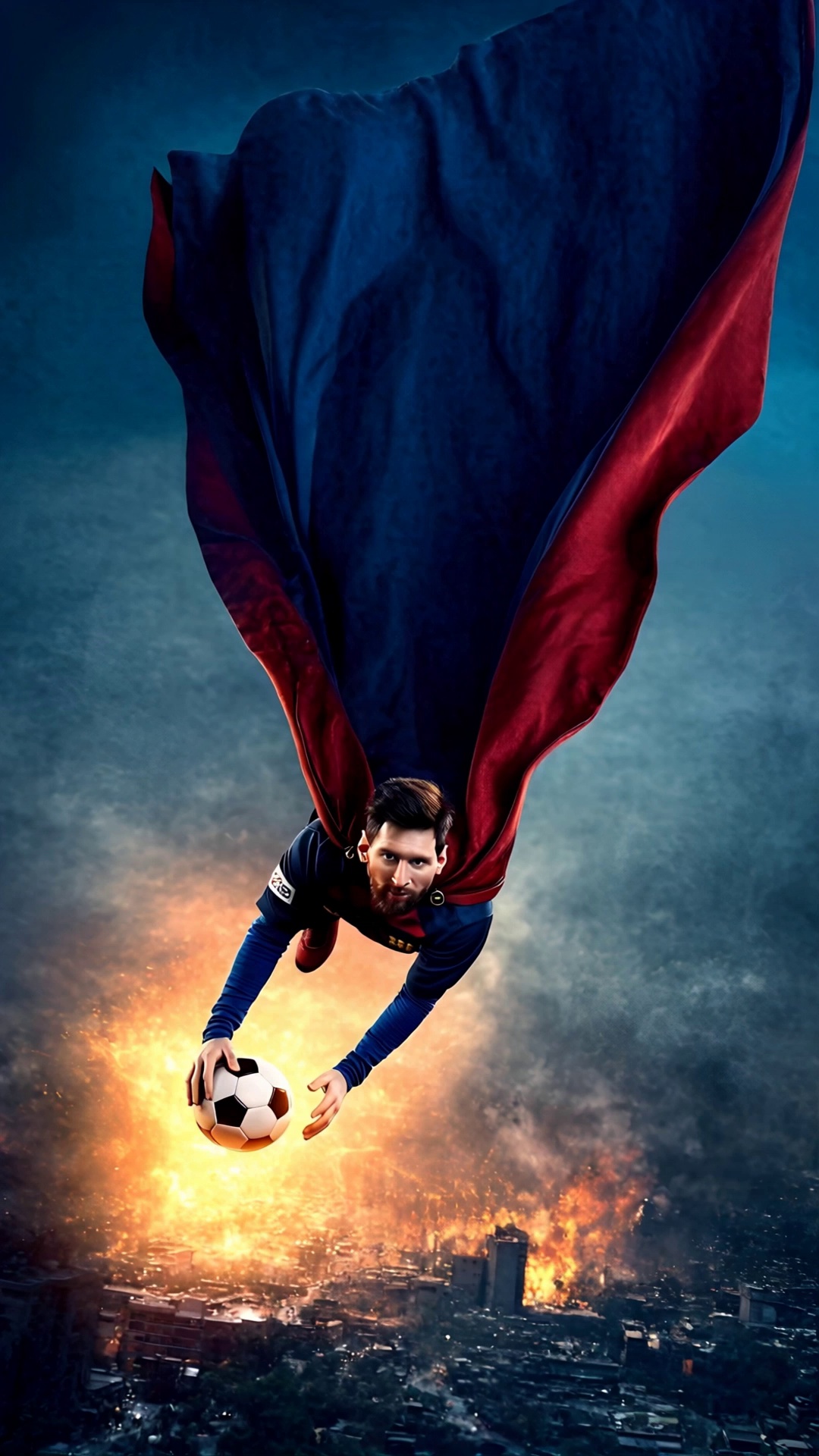 Lionel Messi Superhero Flying With Glowing Soccer Ball Over Cityscape Video 1 – video thumbnail