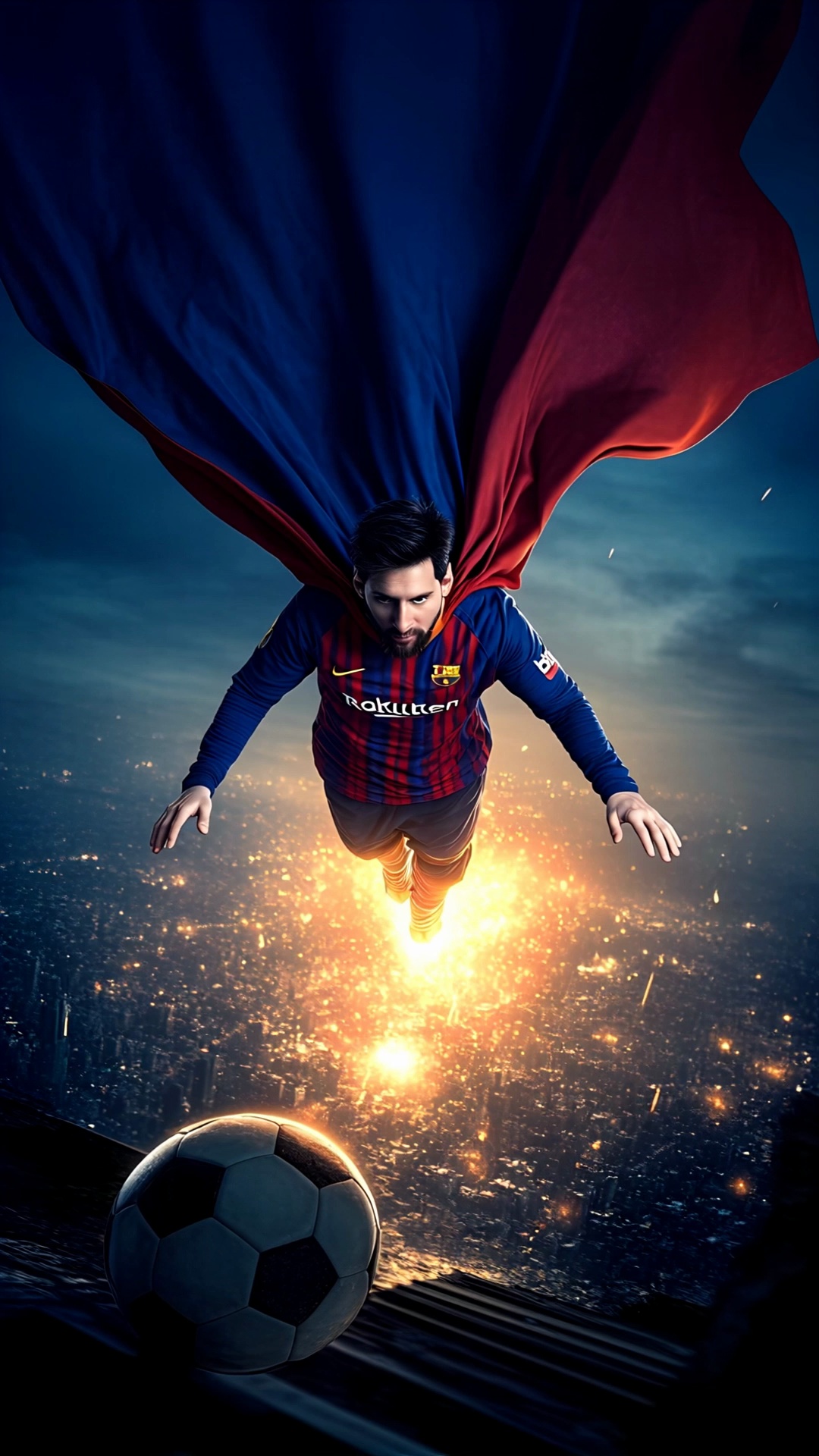 Lionel Messi Superhero Flying With Glowing Soccer Ball Over Cityscape Video 2 Thumbnail
