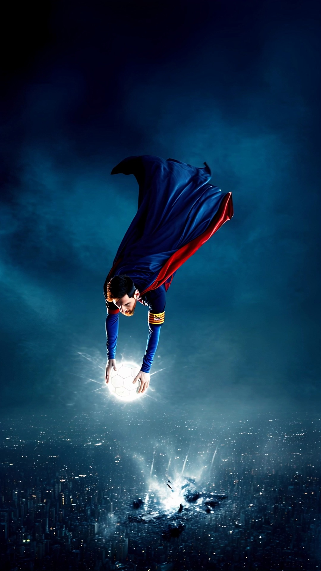 Lionel Messi Superhero Flying With Glowing Soccer Ball Over Cityscape Video 3 Thumbnail