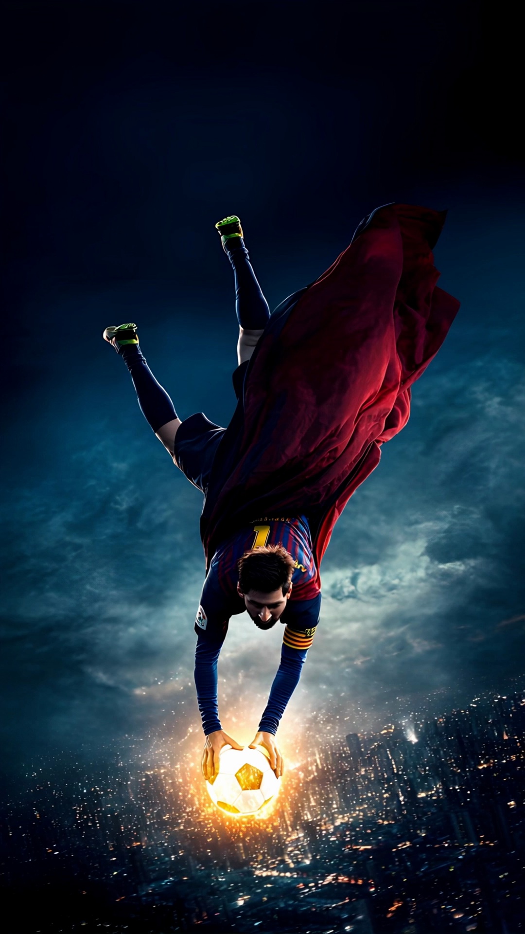 Lionel Messi Superhero Flying With Glowing Soccer Ball Over Cityscape Video 4 Thumbnail