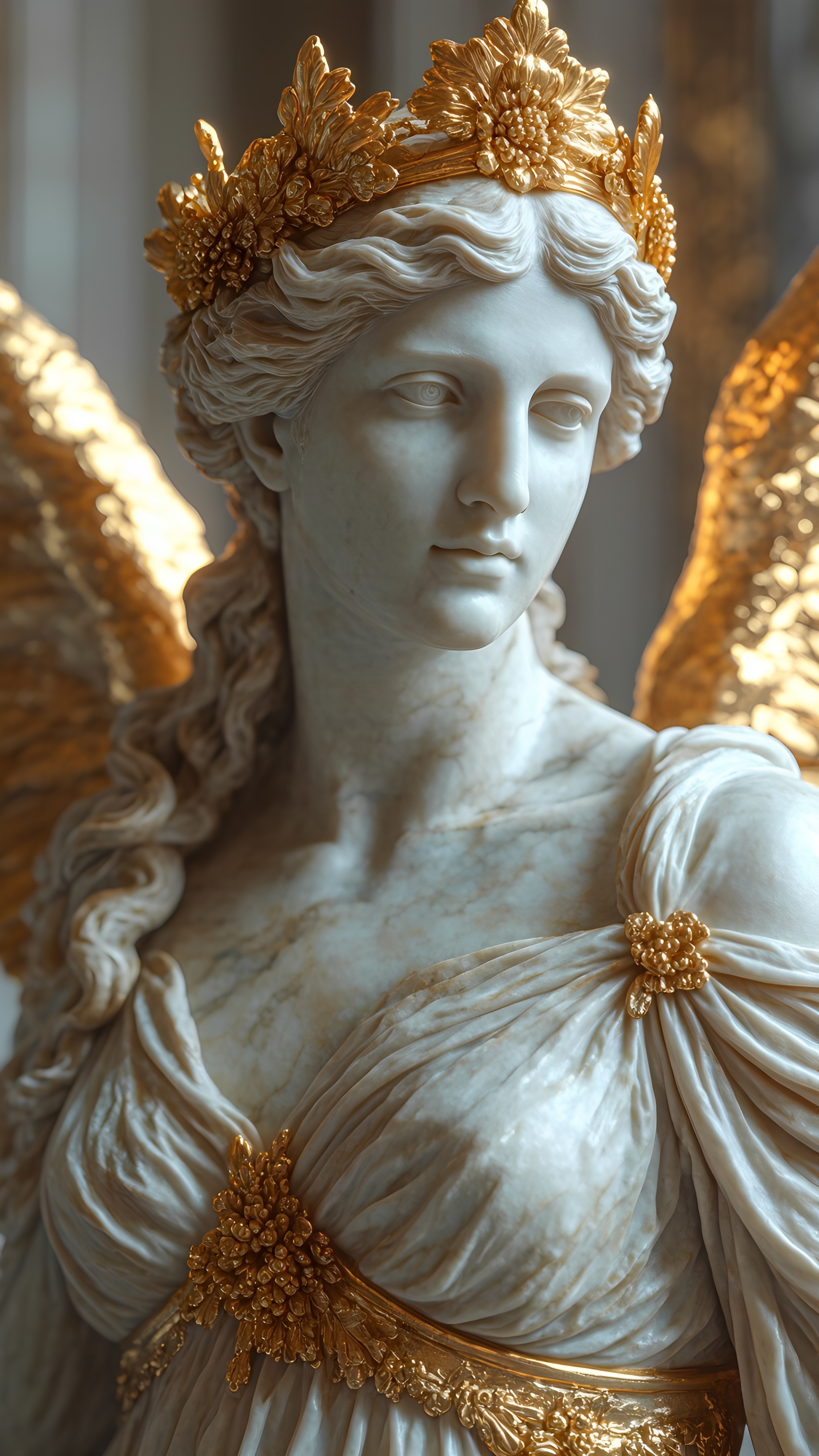 Marble Angel Statue Golden Crown Wings Classical Robes 1