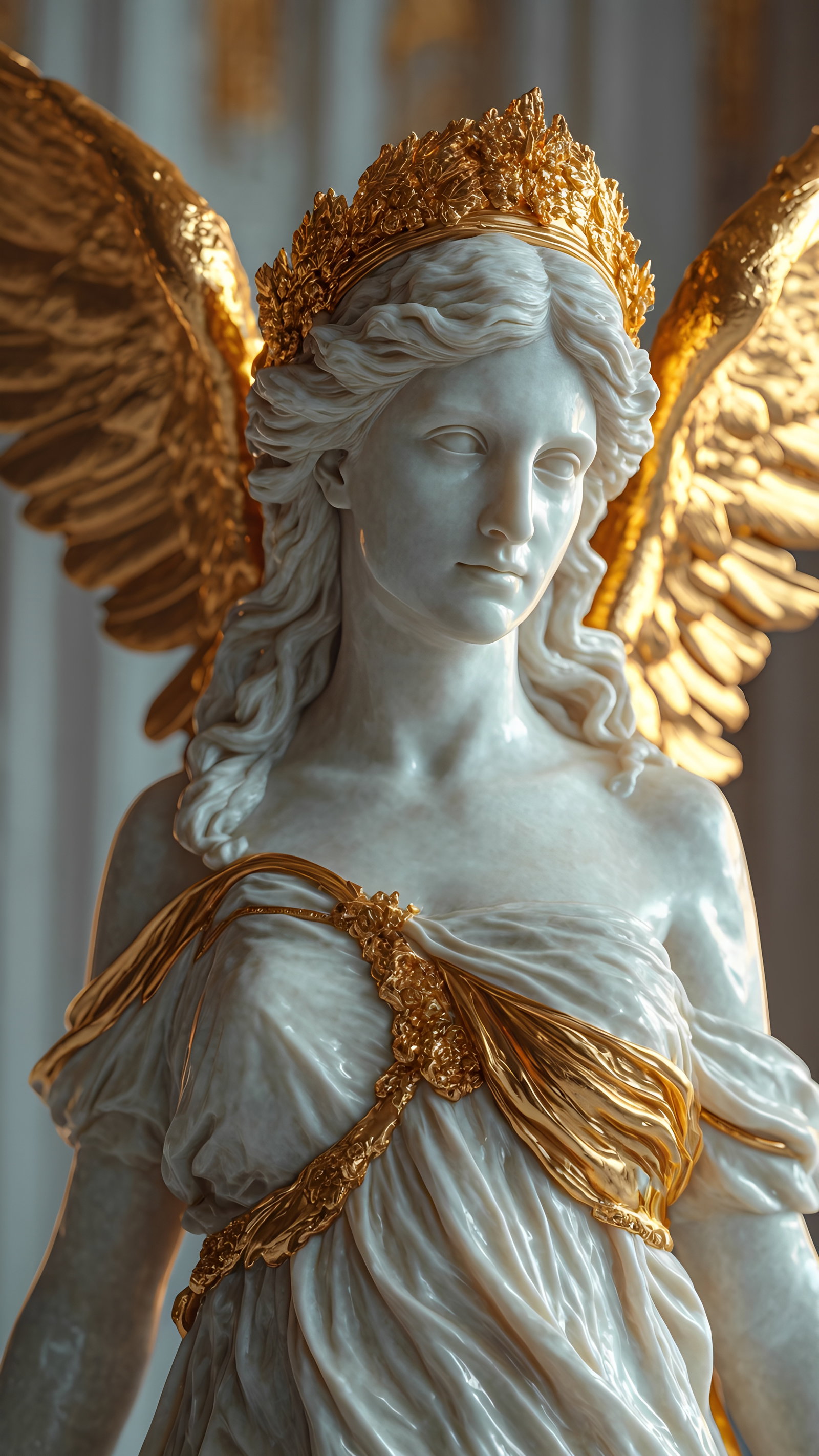Marble Angel Statue Golden Crown Wings Classical Robes 2