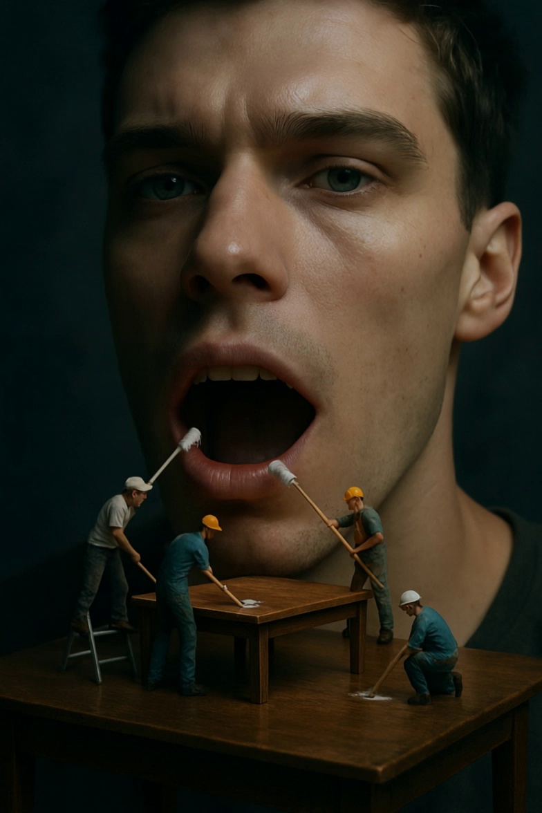 Miniature Workers Cleaning Mans Mouth Video – video thumbnail