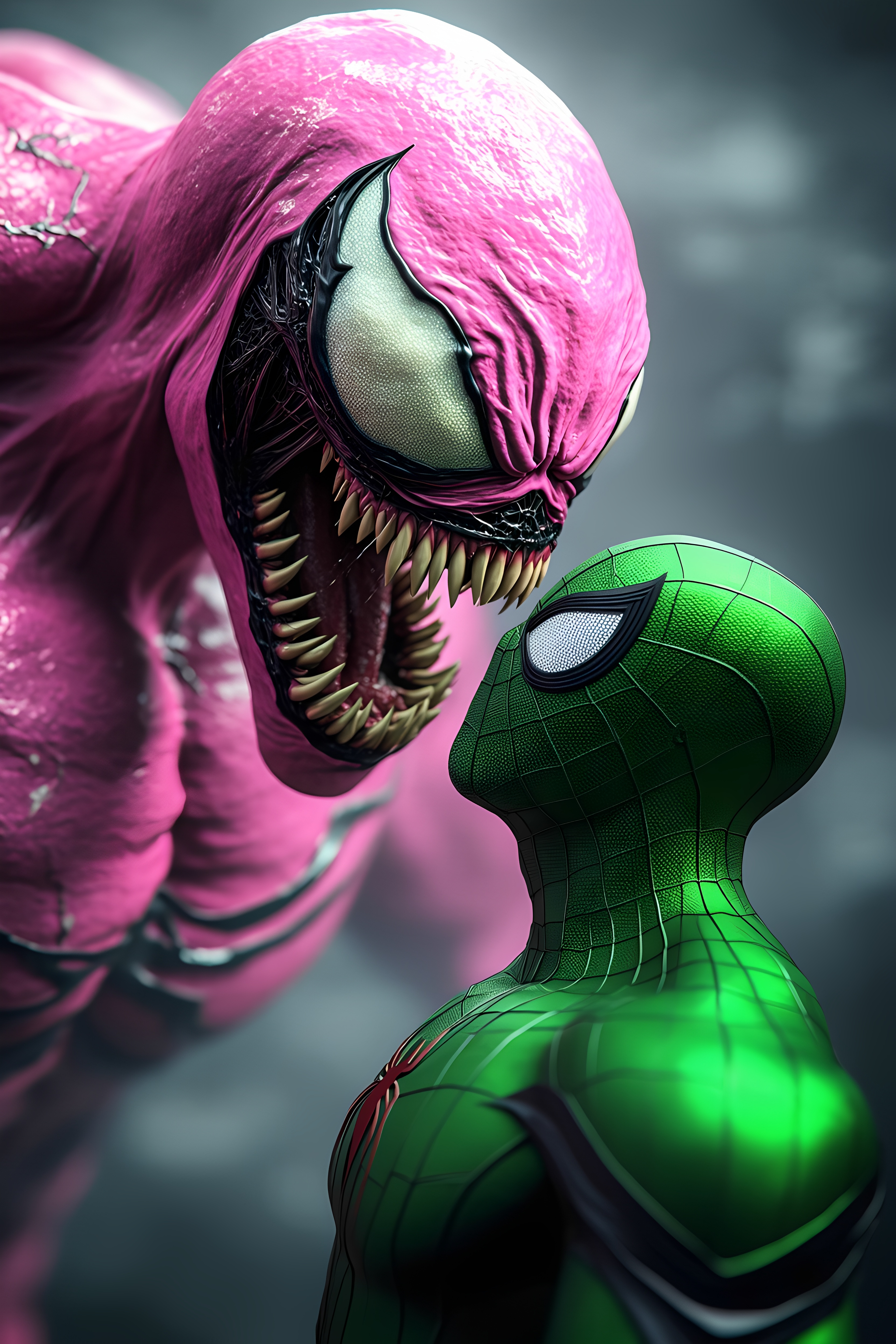 Pink Venom Vs Green Spider Man Close Up Battle Scene