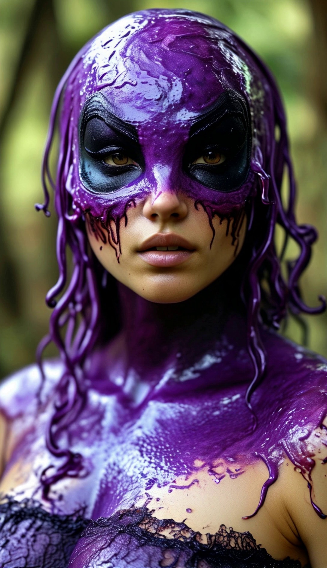 Purple Liquid Superhero Costume Woman With Black Mask In Forest Video – video thumbnail