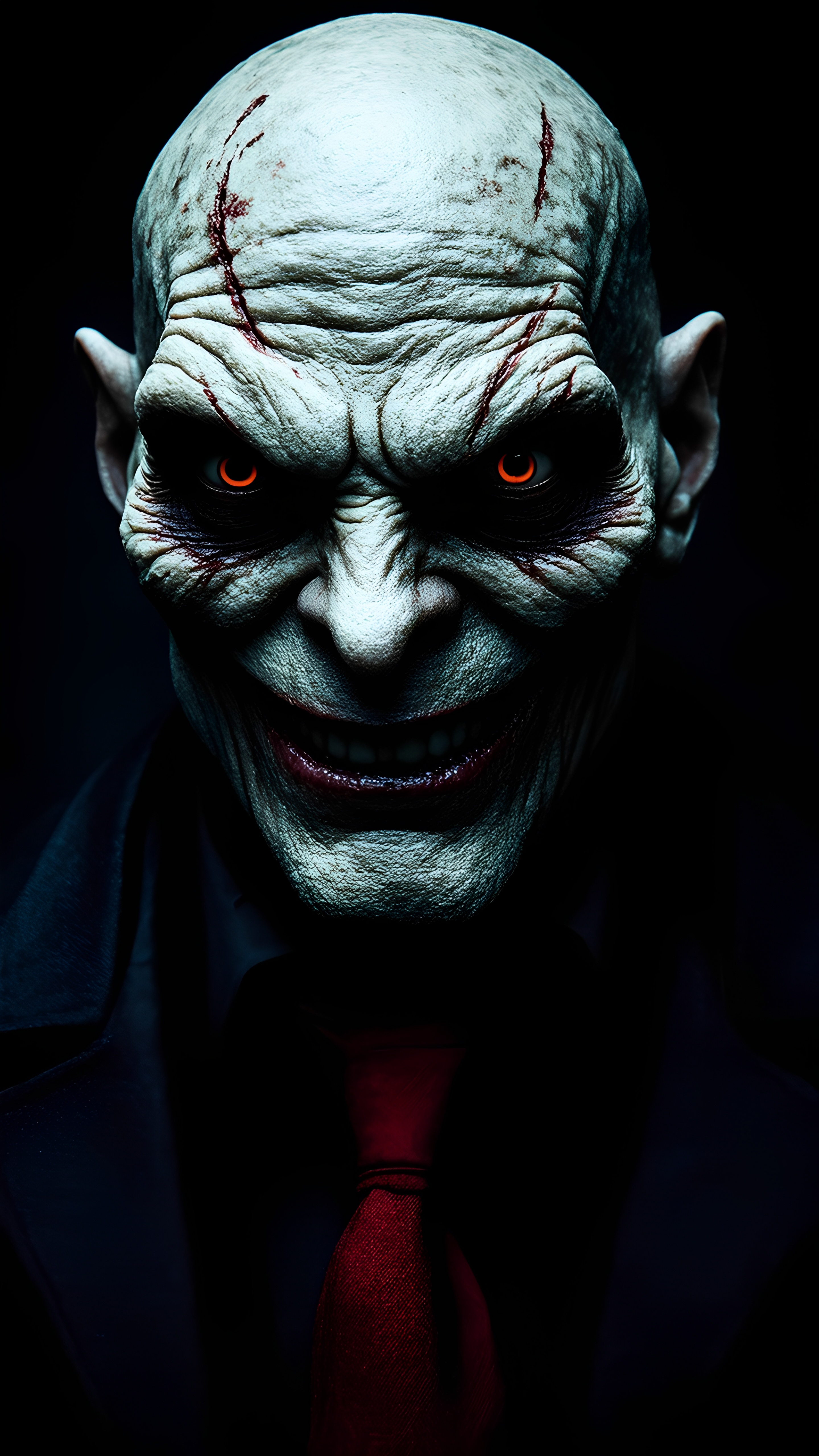 Sinister Bald Villain Red Eyes Scars Suit