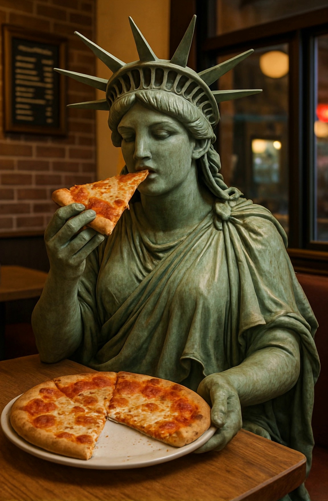 Statue Of Liberty Eating Pizza In Restaurant Video – video thumbnail
