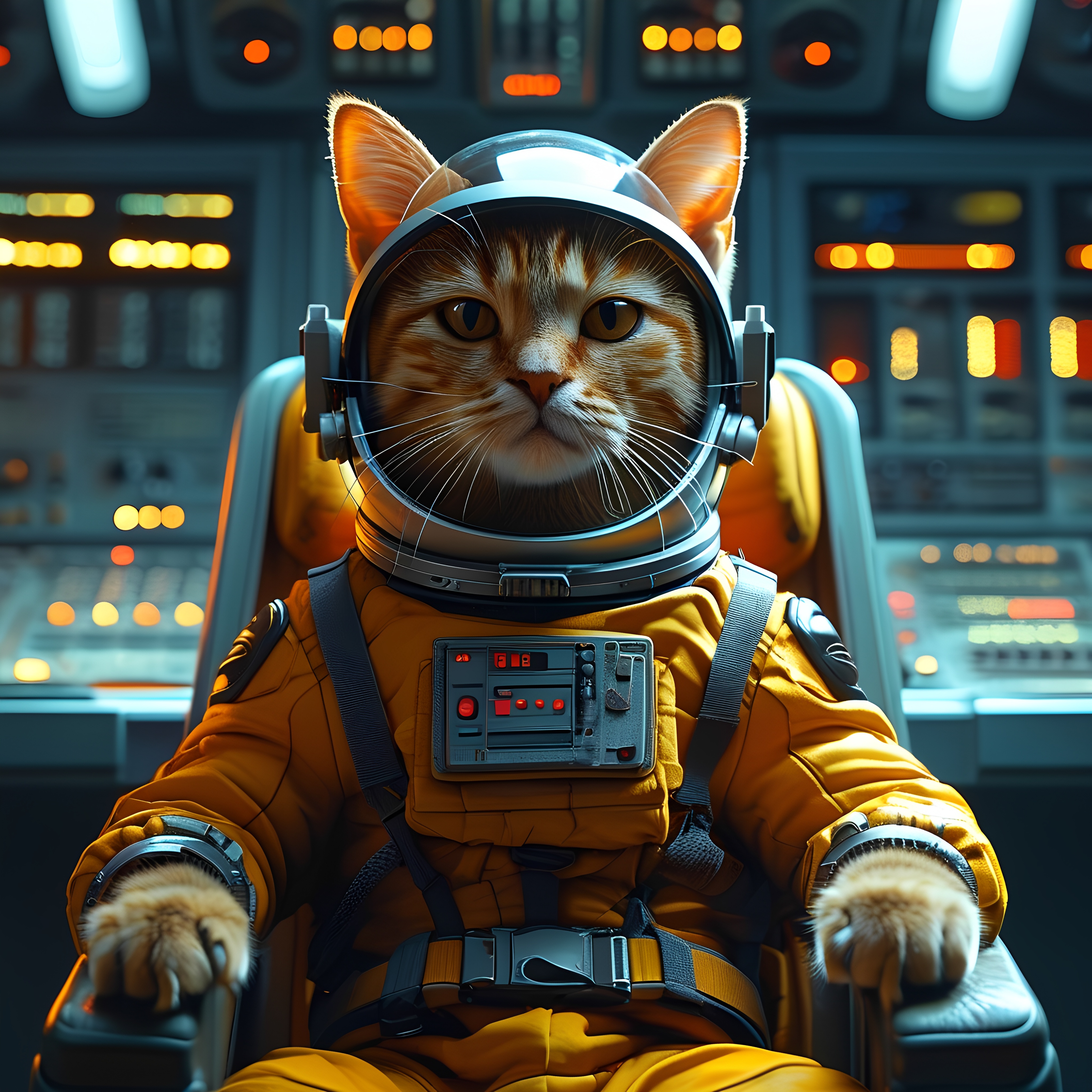 Tabby Cat In Space Suit On Spaceship Control Chair 1