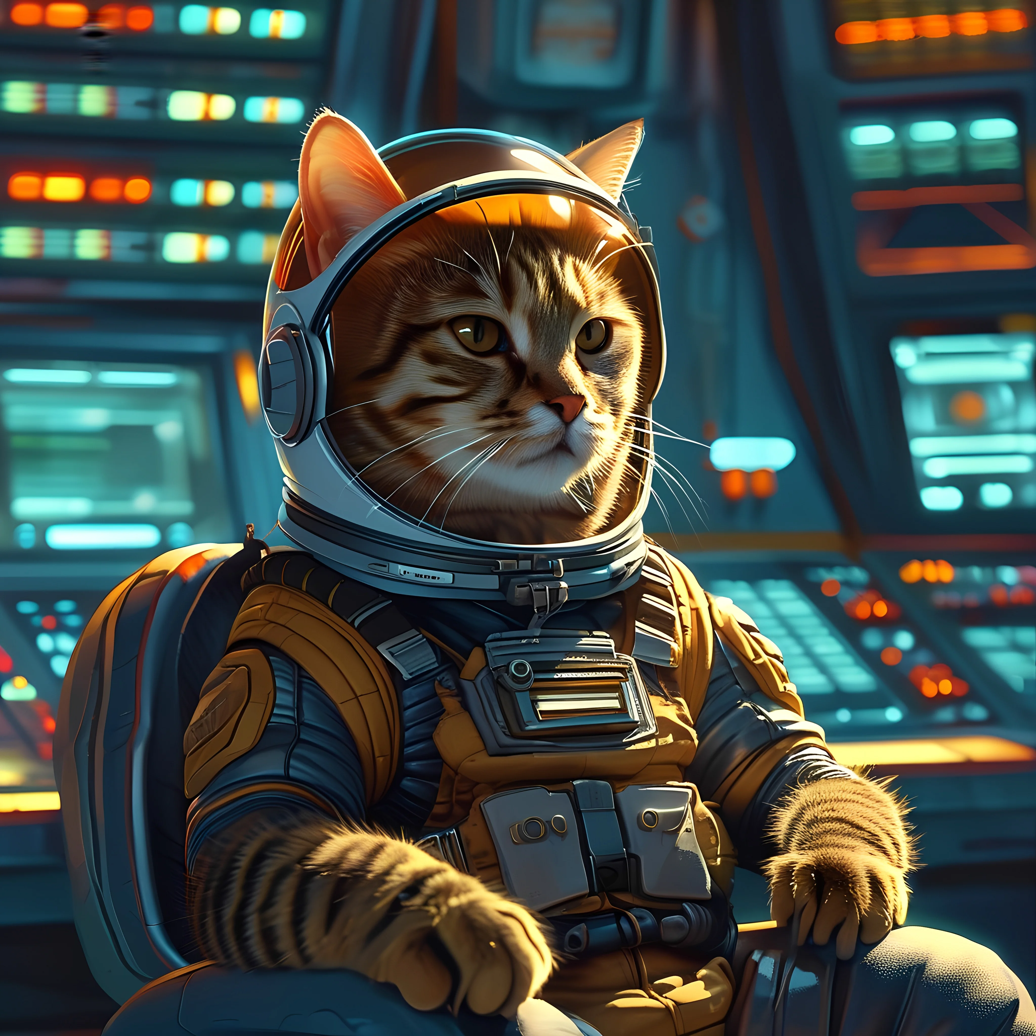 Tabby Cat In Space Suit On Spaceship Control Chair 2
