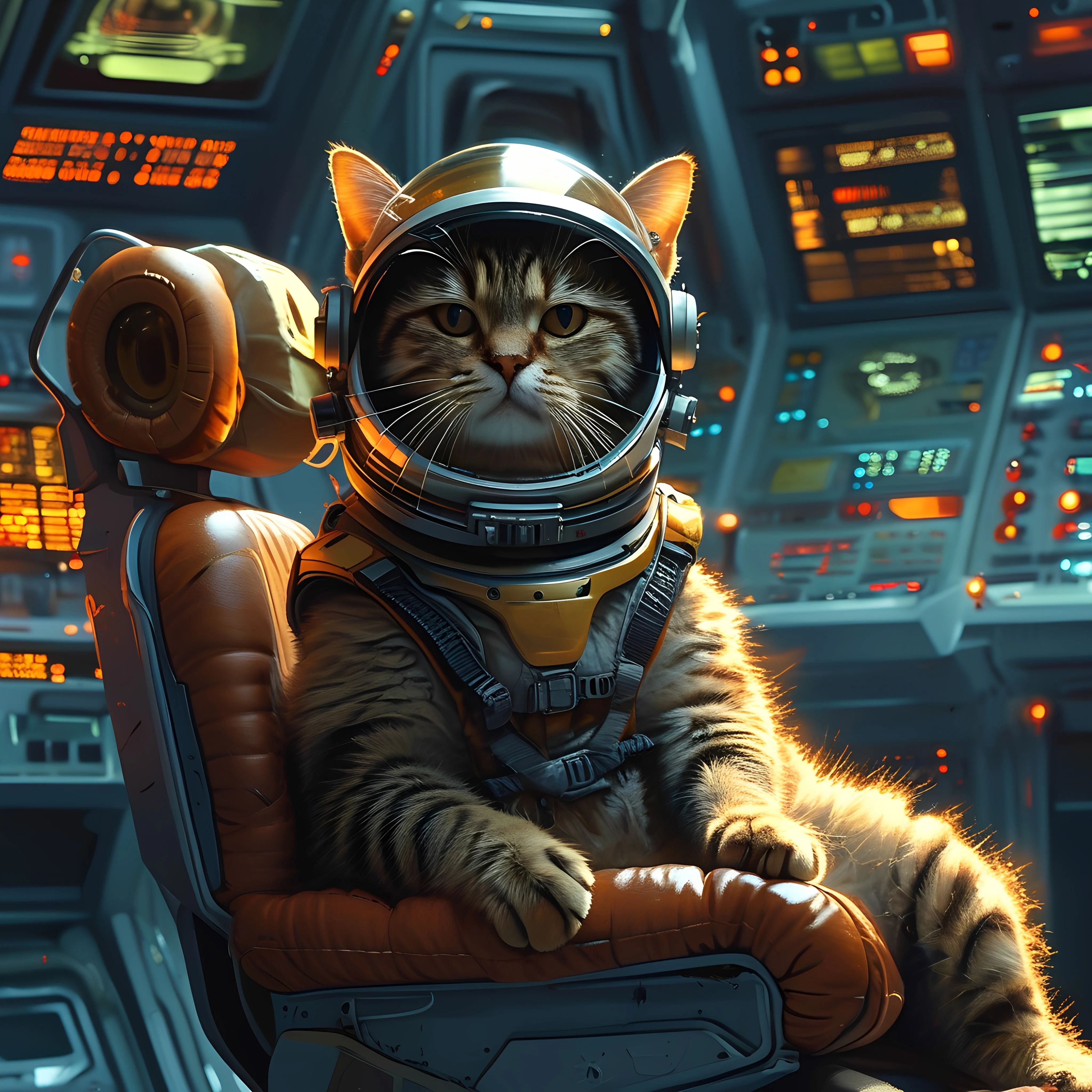 Tabby Cat In Space Suit On Spaceship Control Chair 4
