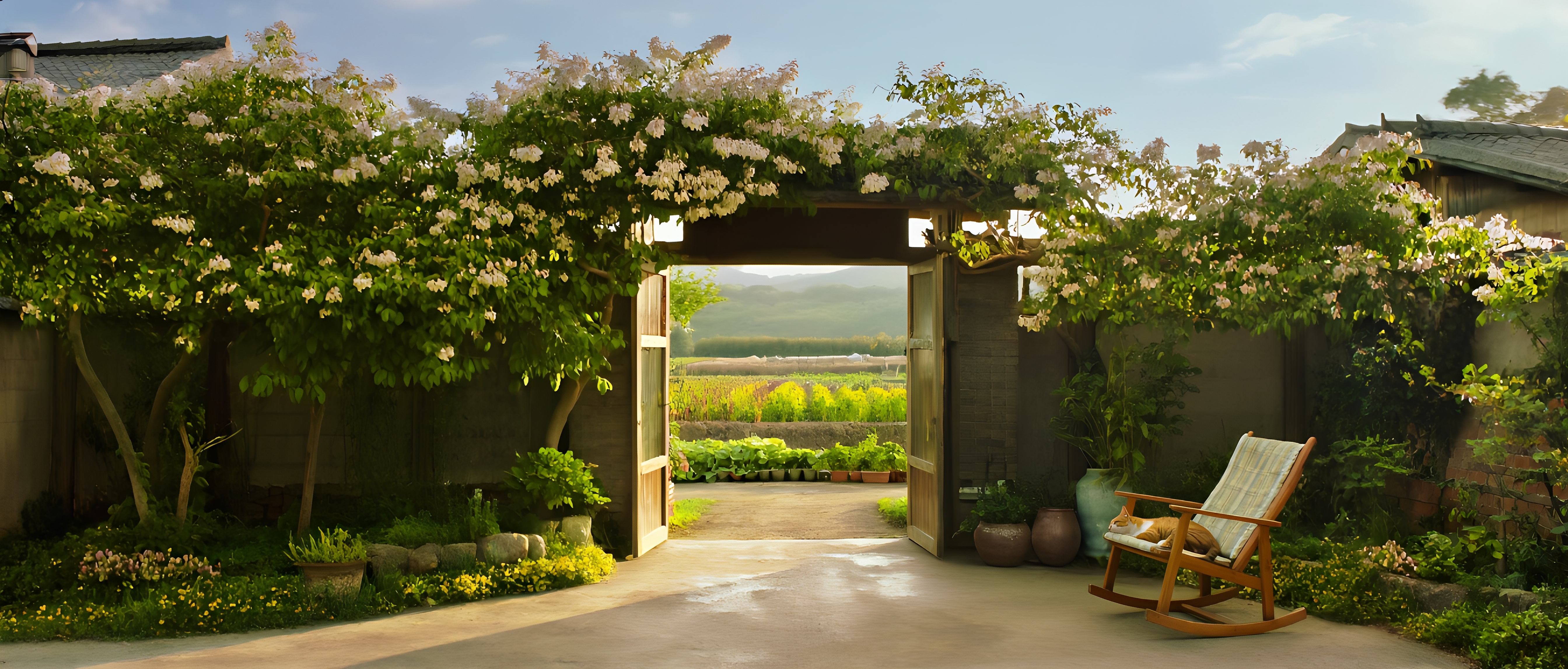 Tranquil Flower Covered Courtyard With Open Gate And Rocking Chair 1