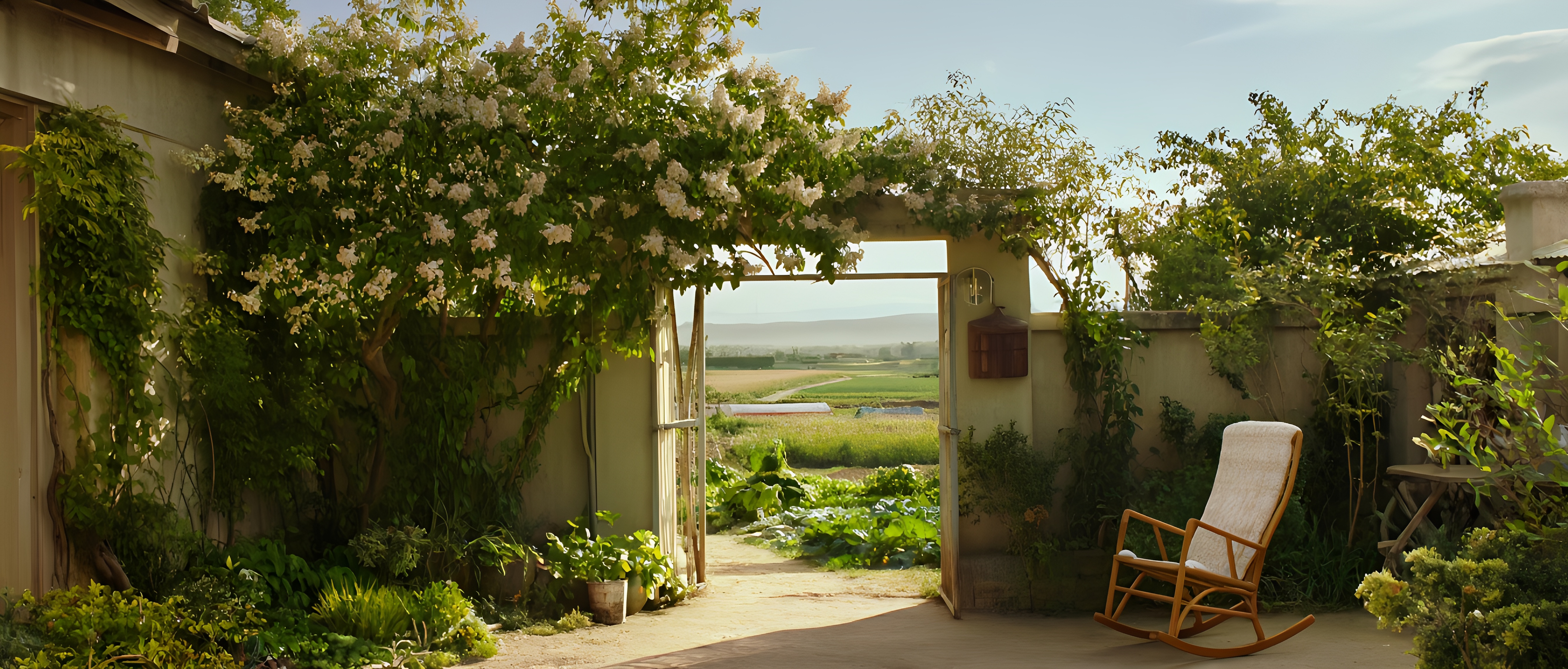 Tranquil Flower Covered Courtyard With Open Gate And Rocking Chair 2