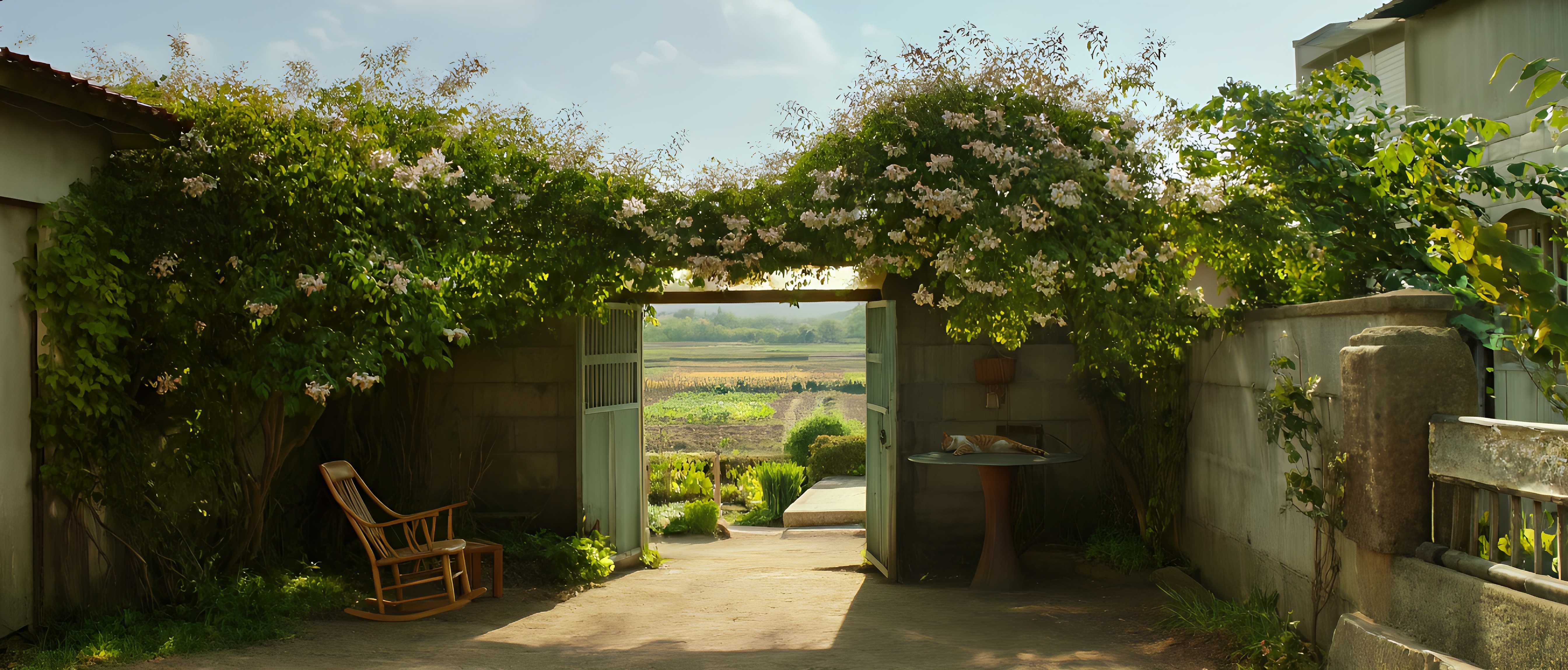 Tranquil Flower Covered Courtyard With Open Gate And Rocking Chair 3