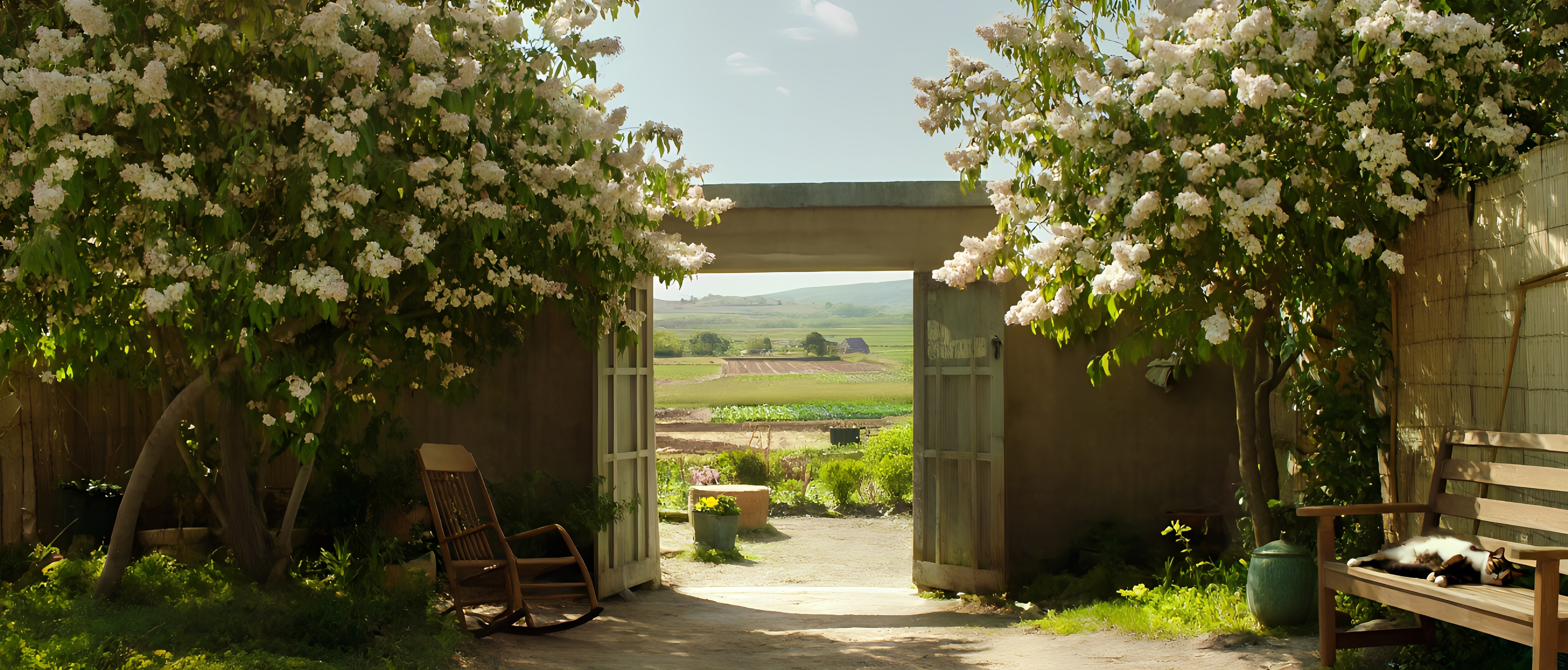 Tranquil Flower Covered Courtyard With Open Gate And Rocking Chair 4