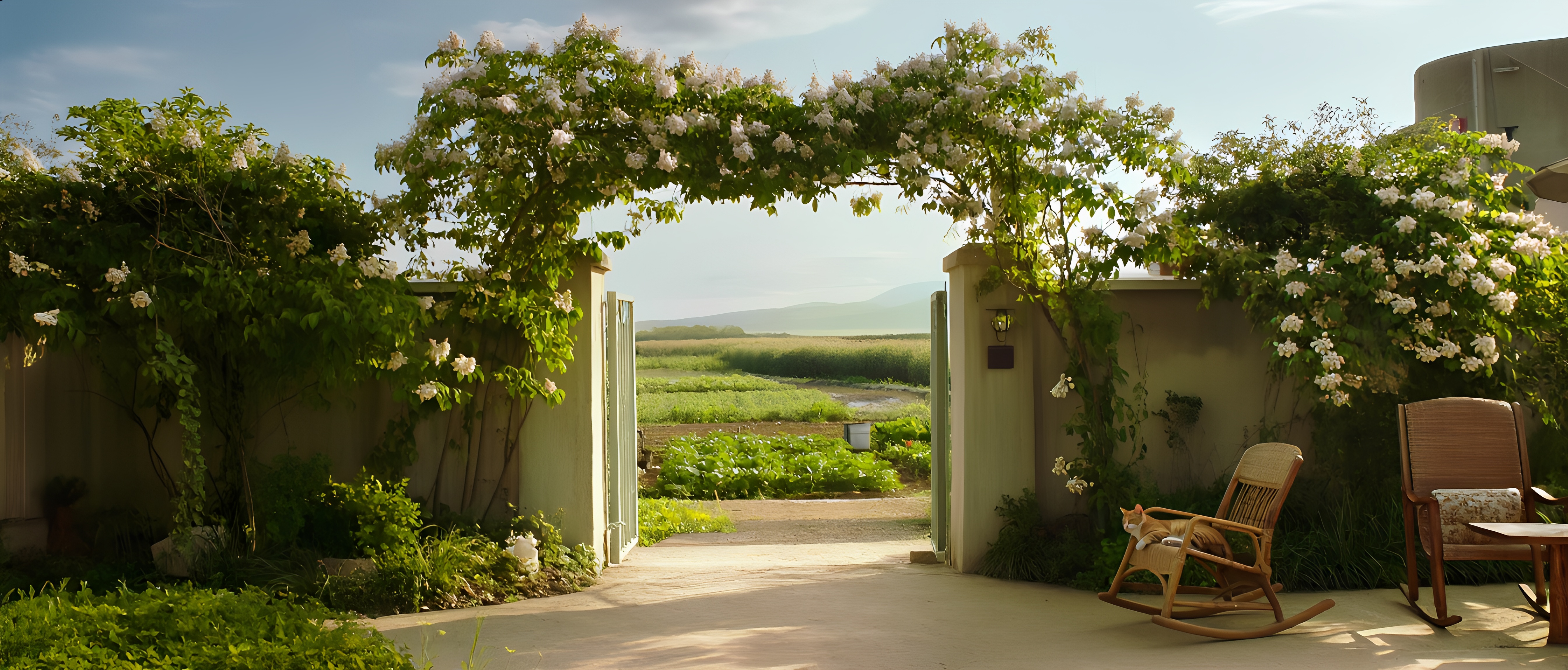 Tranquil Flower Covered Courtyard With Open Gate And Rocking Chair 5