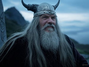 Viking Warrior Blond Hair Horned Helmet Snowy Mountains 1
