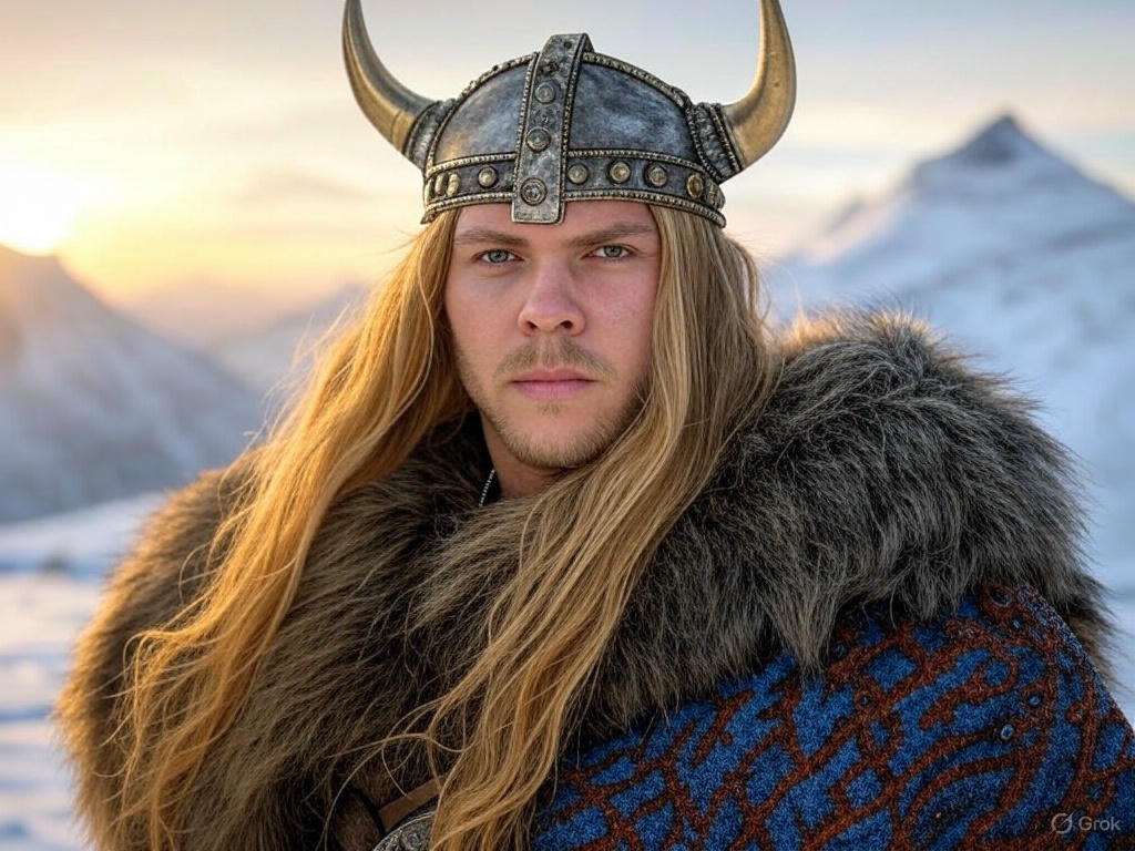 Viking Warrior Blond Hair Horned Helmet Snowy Mountains 2