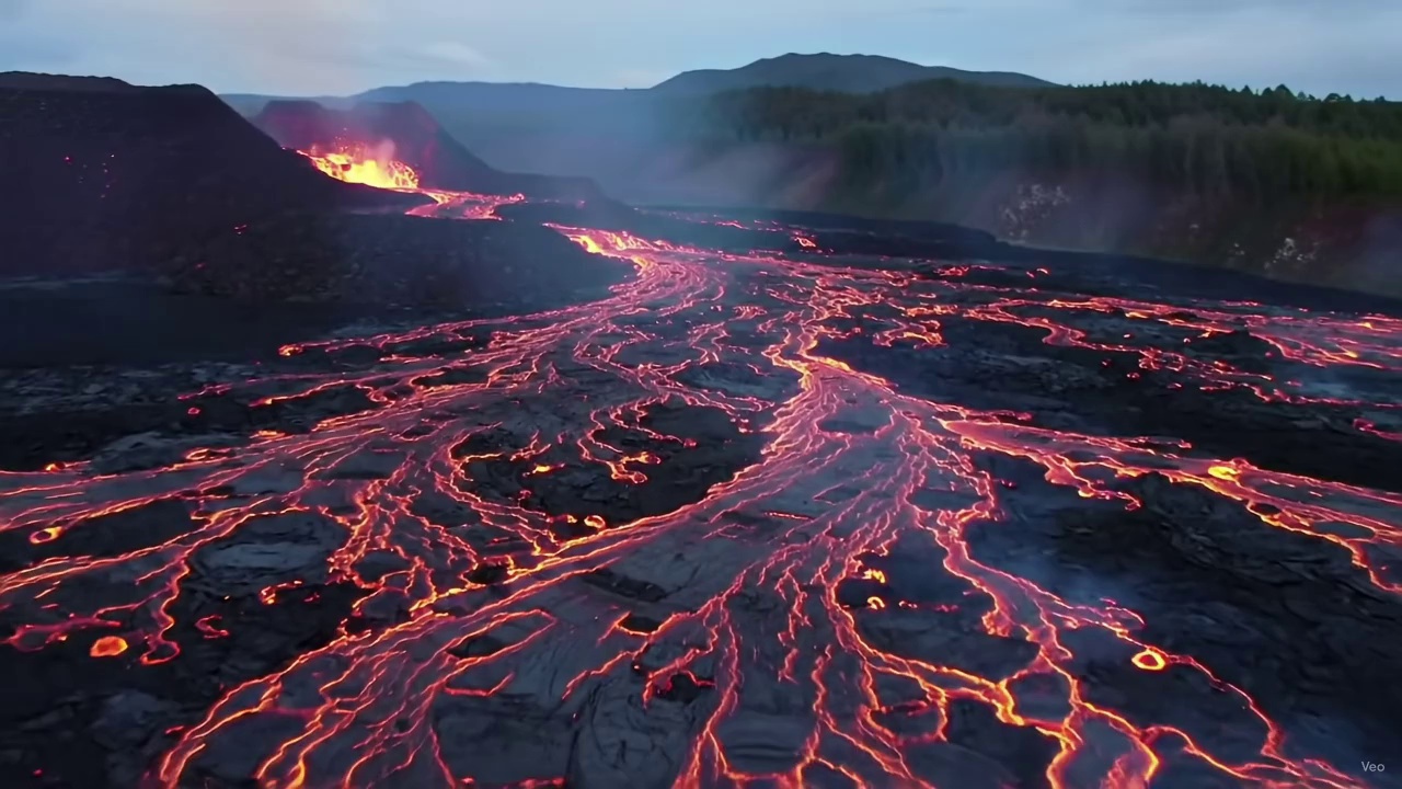 Aerial View Glowing Lava Volcanic Eruption Dusk Forest Video – video thumbnail