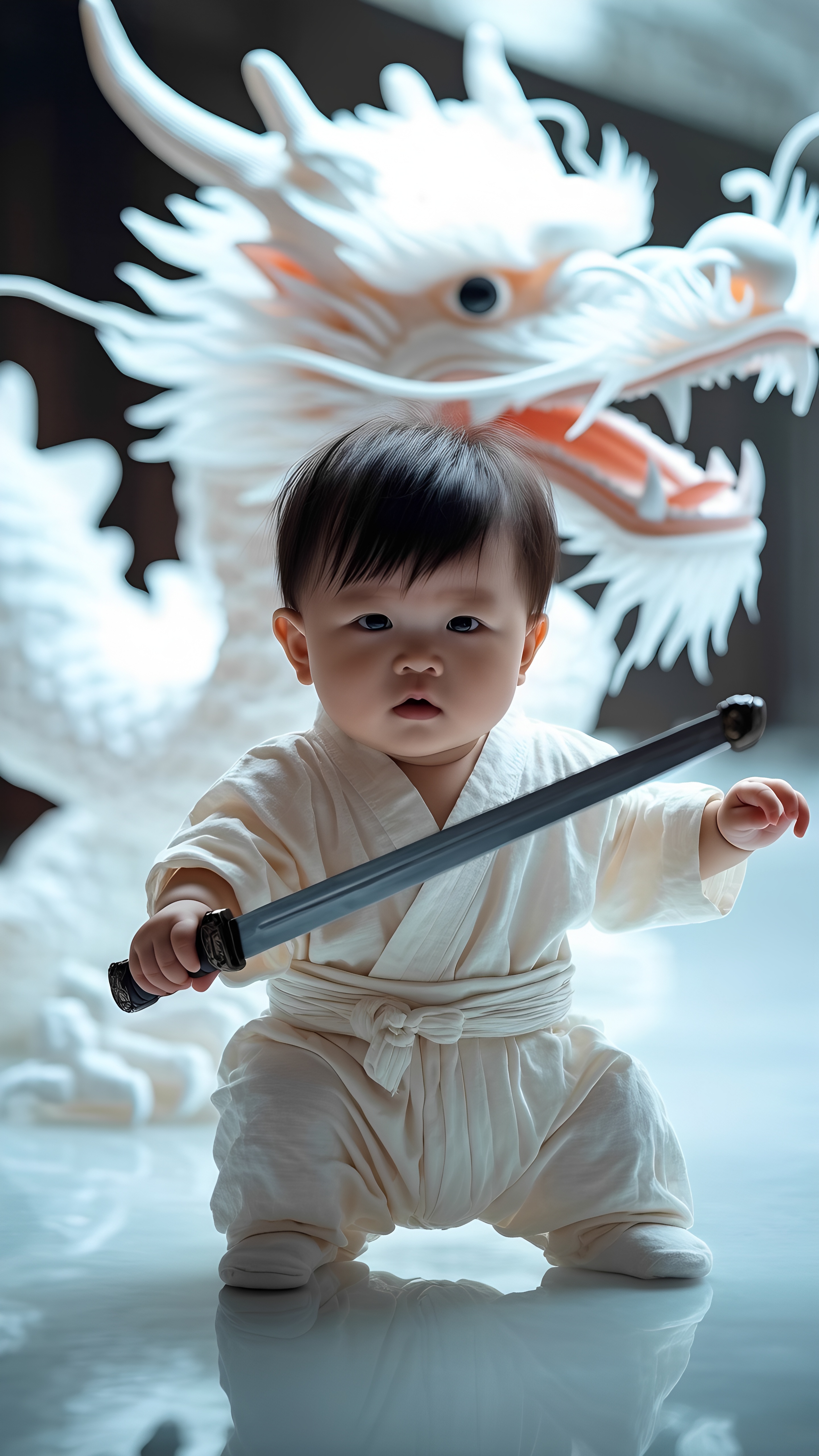 Baby Martial Artist Holding Katana In Front Of White Dragon 1