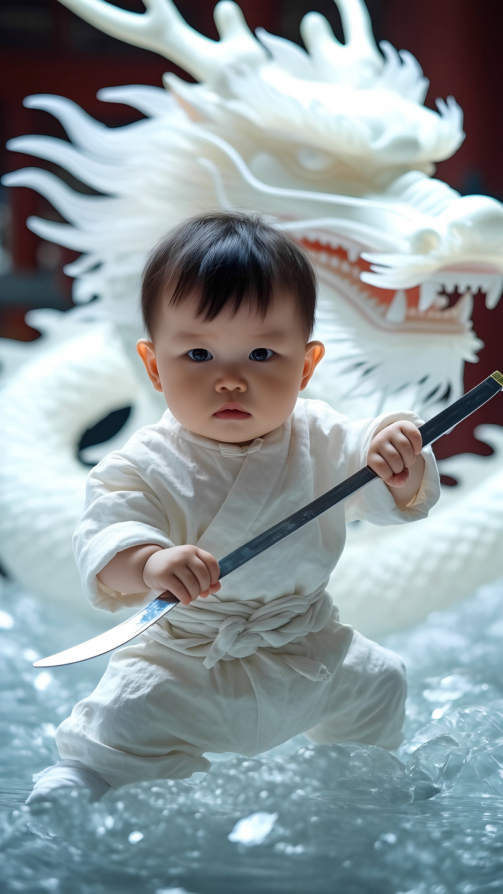 Baby Martial Artist Holding Katana In Front Of White Dragon 2