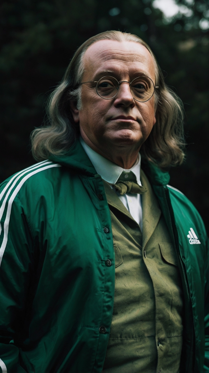 Benjamin Franklin In Green Adidas Tracksuit In Nature 1