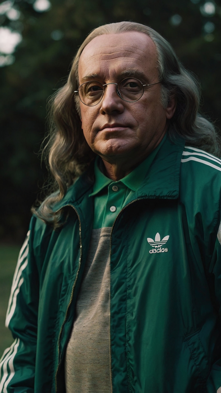 Benjamin Franklin In Green Adidas Tracksuit In Nature 2