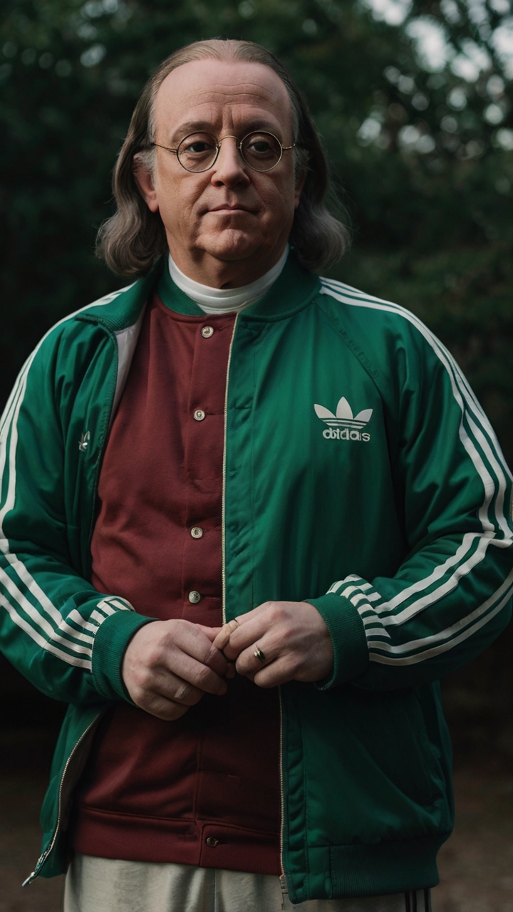 Benjamin Franklin In Green Adidas Tracksuit In Nature 4