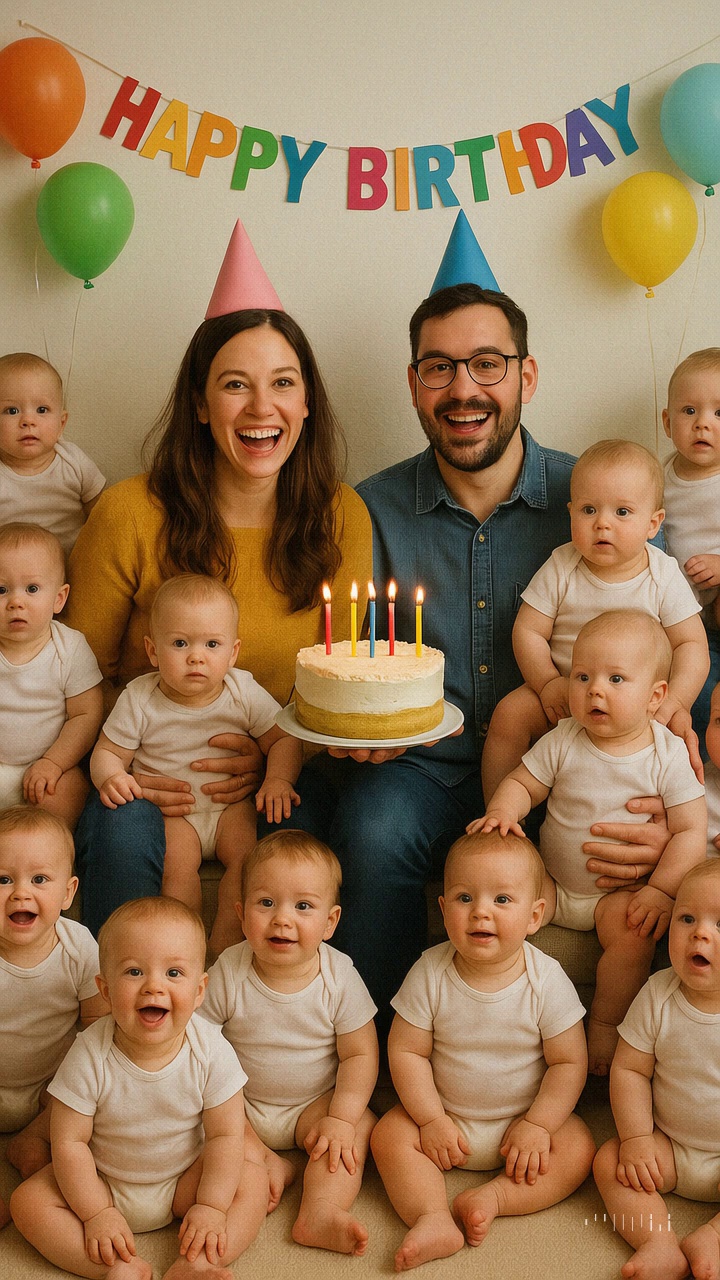 Birthday Couple Holding Cake Surrounded By Babies Video – video thumbnail