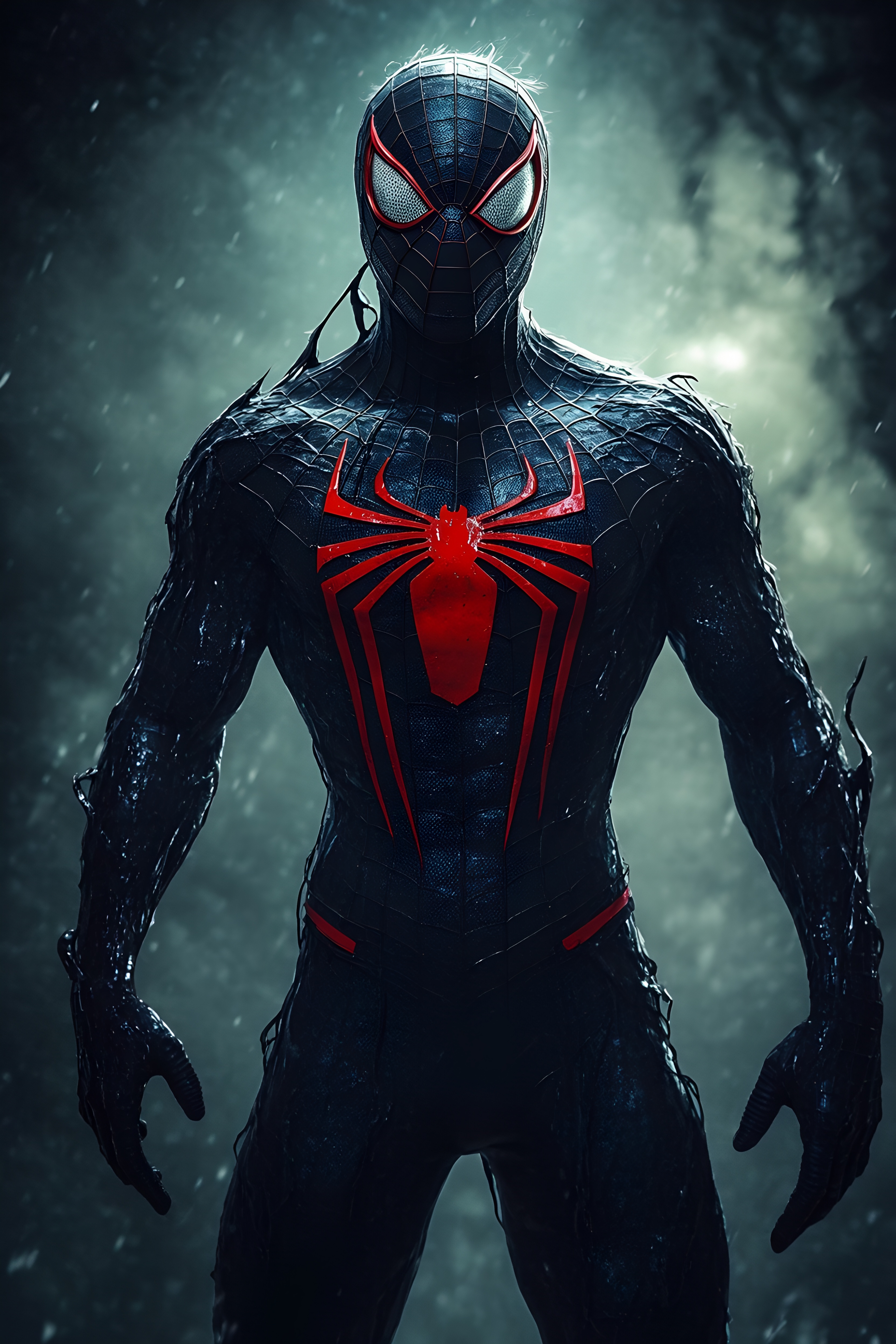Black Suited Spiderman Red Emblem Rain Scene
