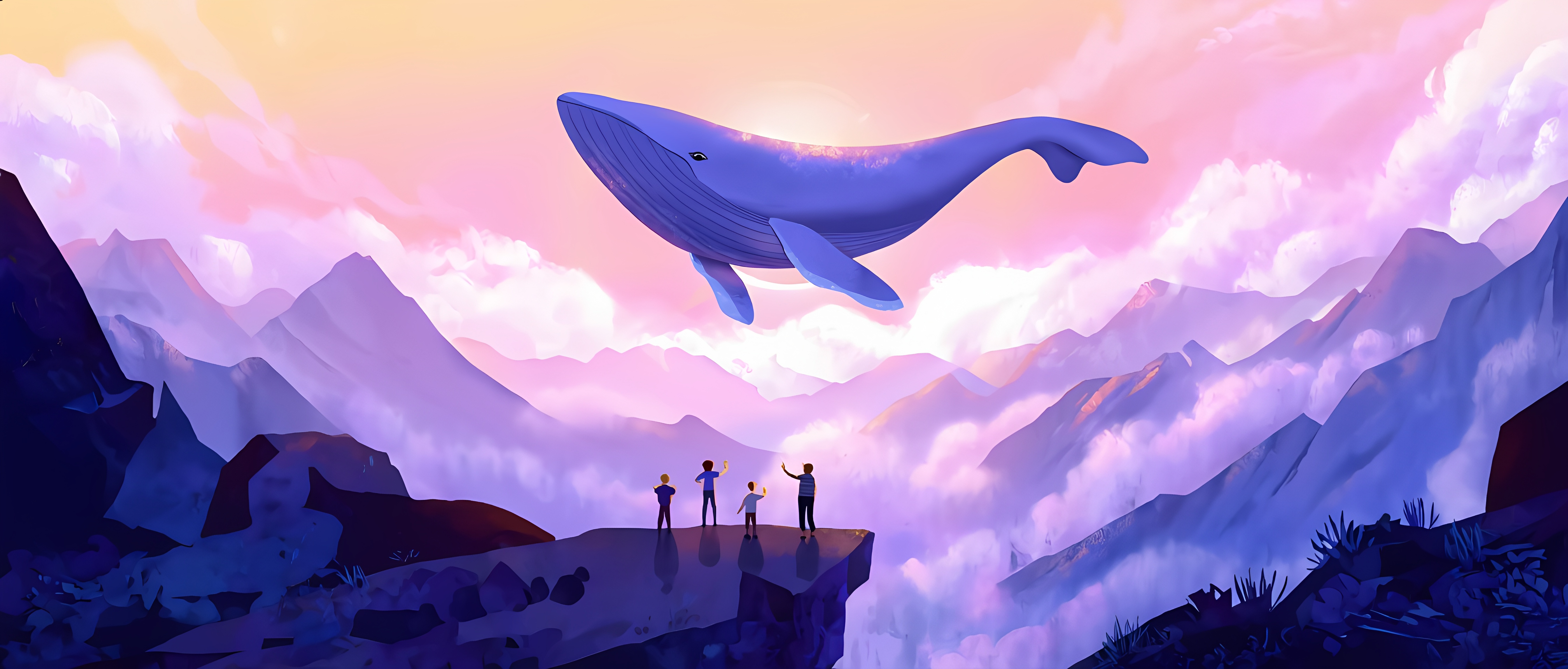 Blue Whale Floating Sky Sunset Mountainscape 1