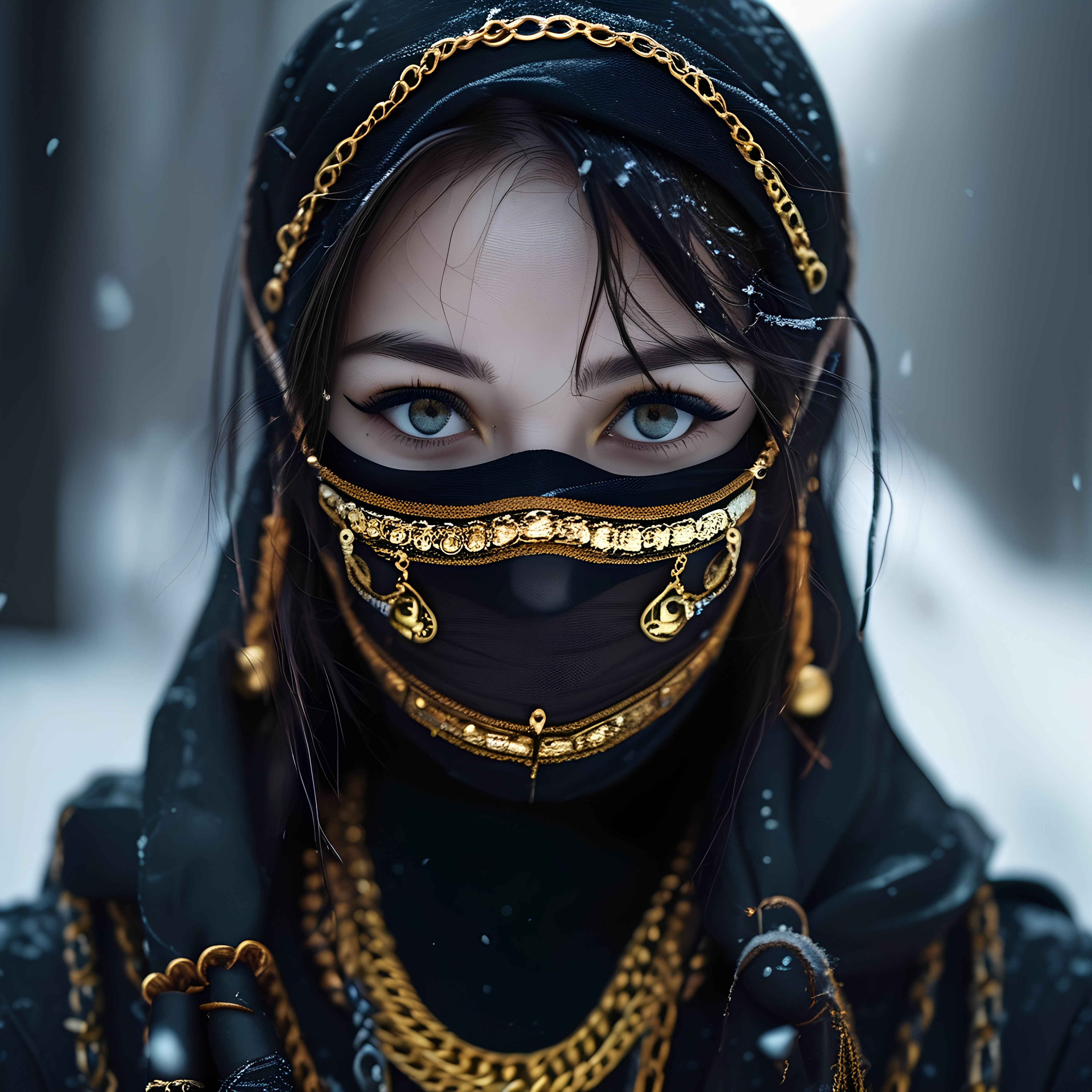 Closeup Veiled Woman Black Gold Jewels Snow 1