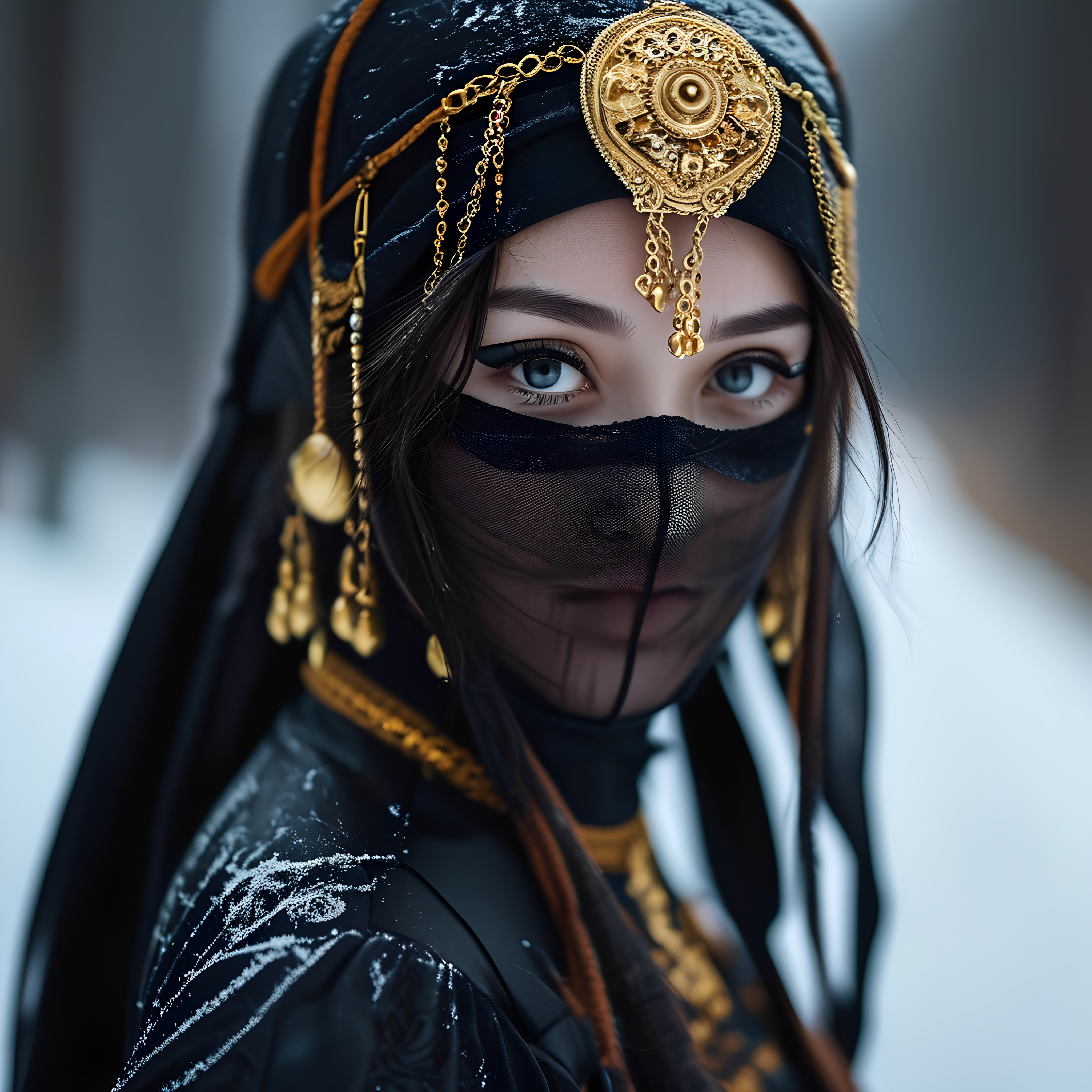Closeup Veiled Woman Black Gold Jewels Snow 2
