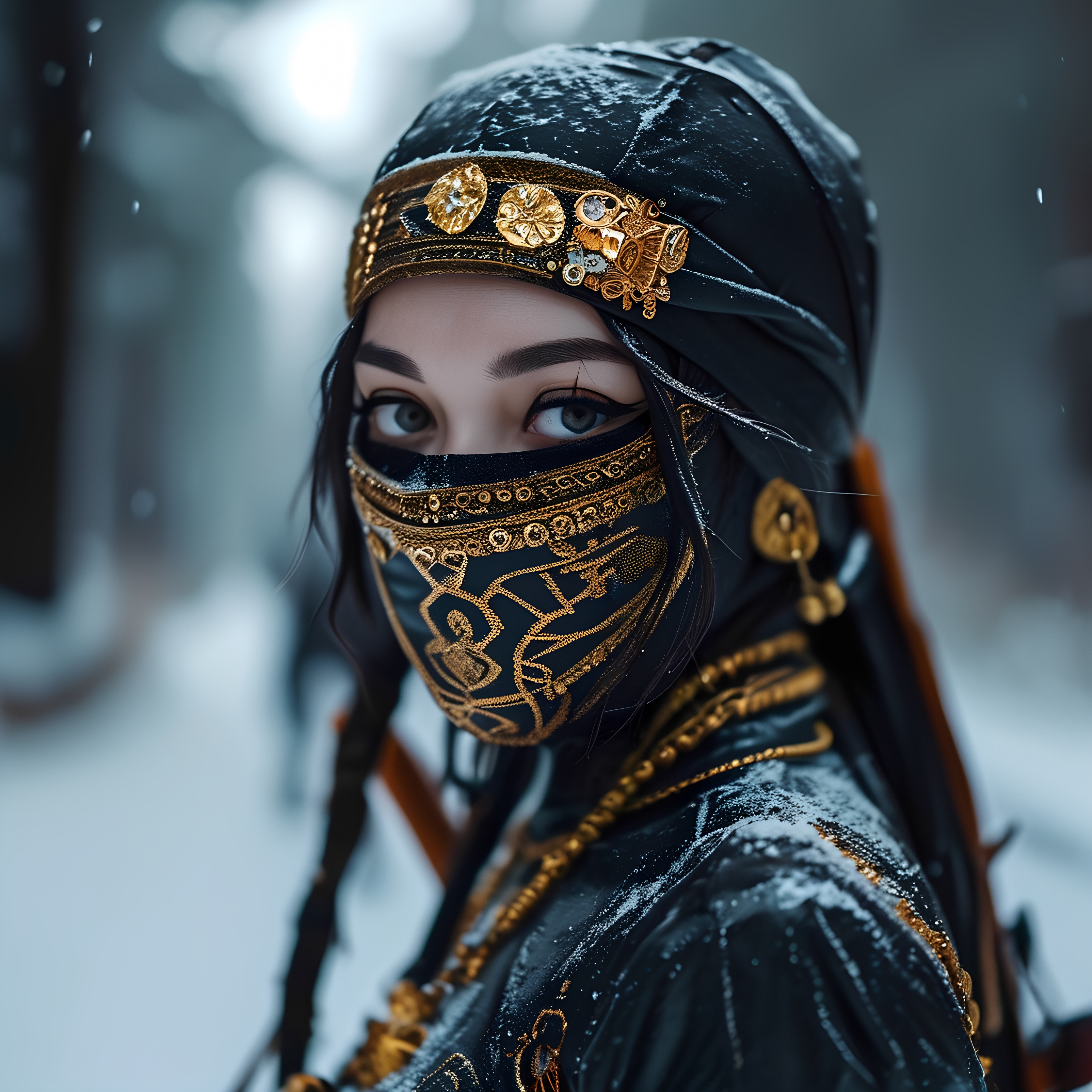 Closeup Veiled Woman Black Gold Jewels Snow 3