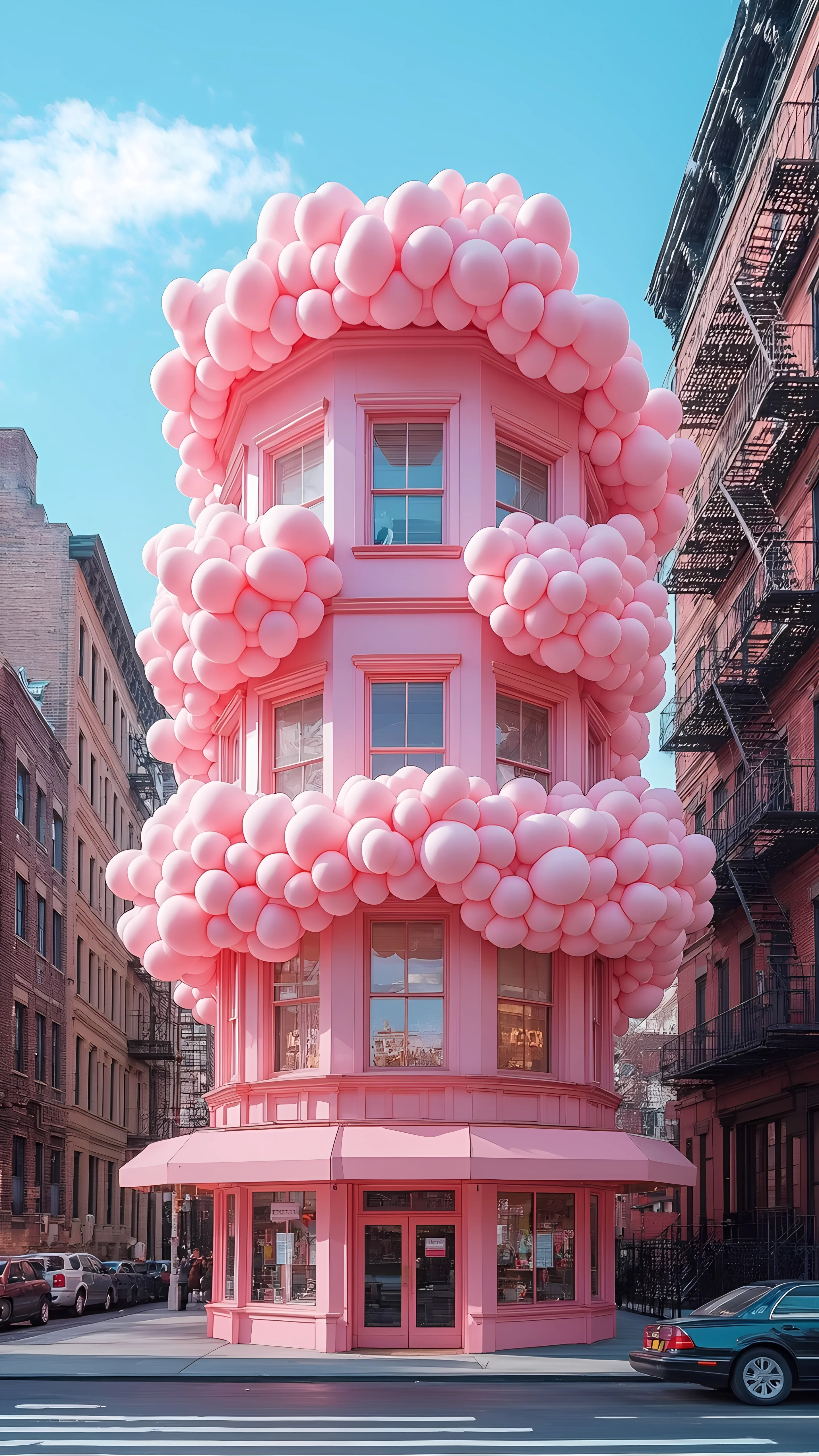 Colorful Balloon Wrapped City Buildings Pink And Orange 2