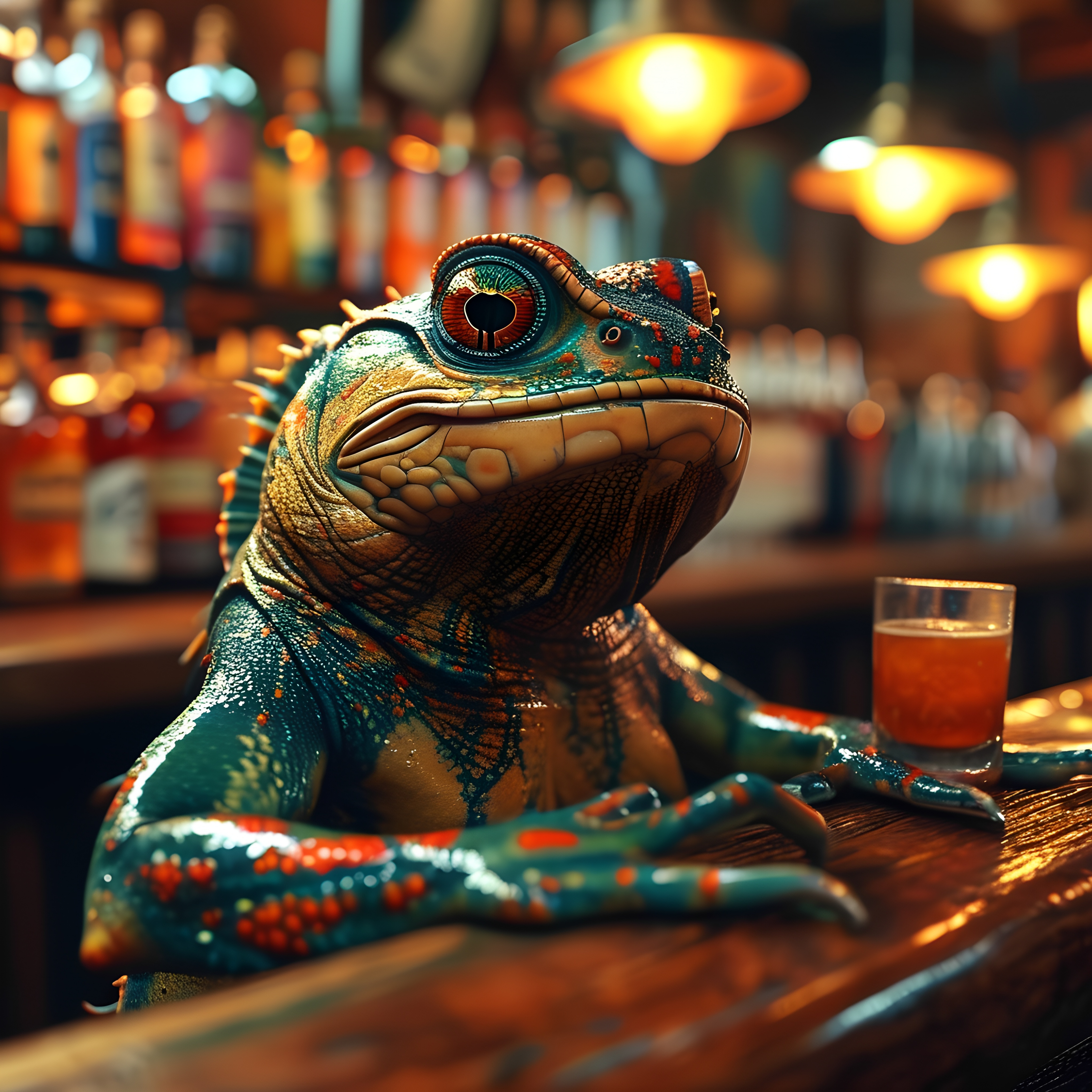 Colorful Lizard Drinking At Bar 1