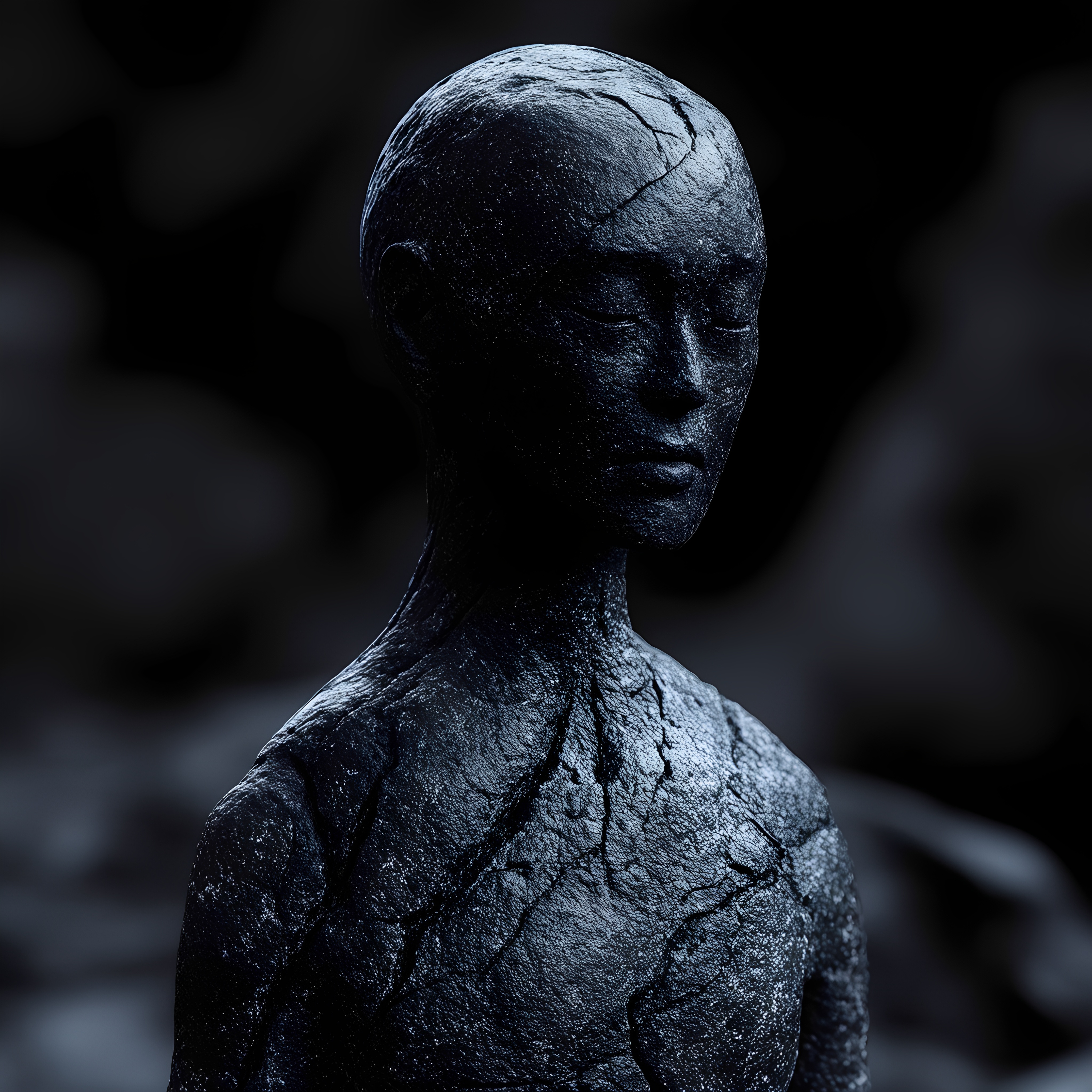 Cracked Dark Stone Humanoid Statue Closeup 3