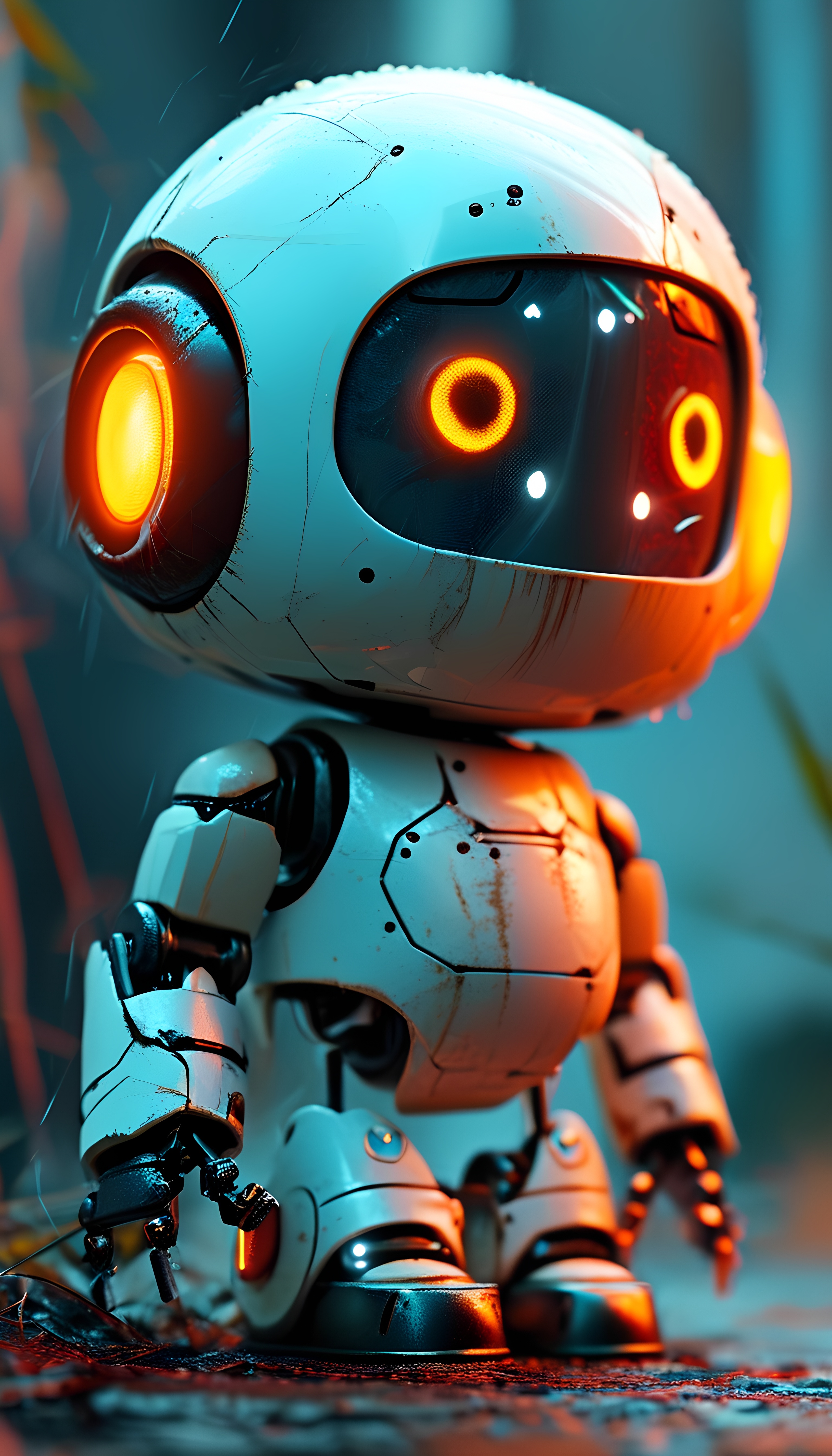 Cute Blue Robot With Glowing Eyes In Garden Scene 1