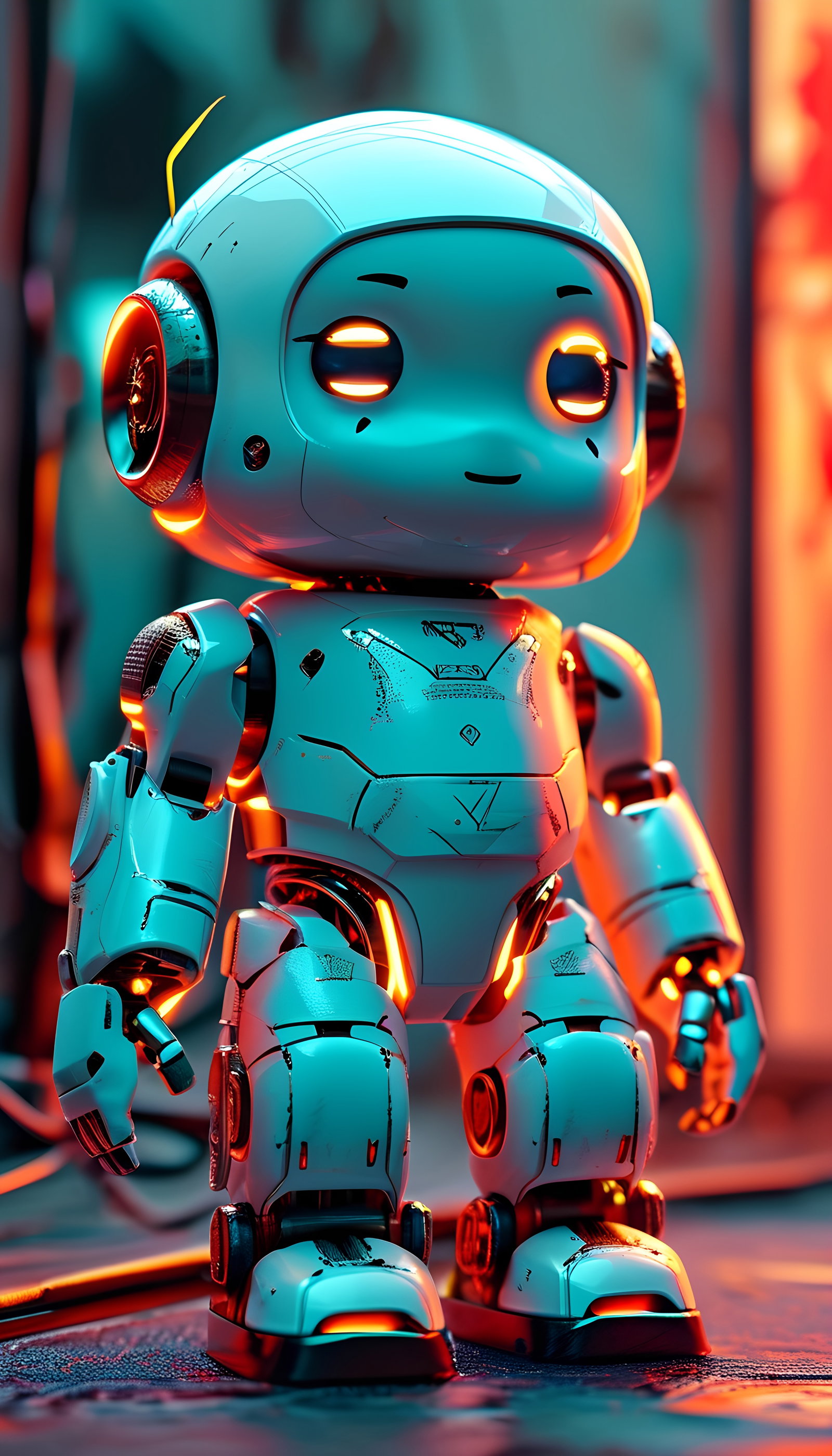 Cute Blue Robot With Glowing Eyes In Garden Scene 3