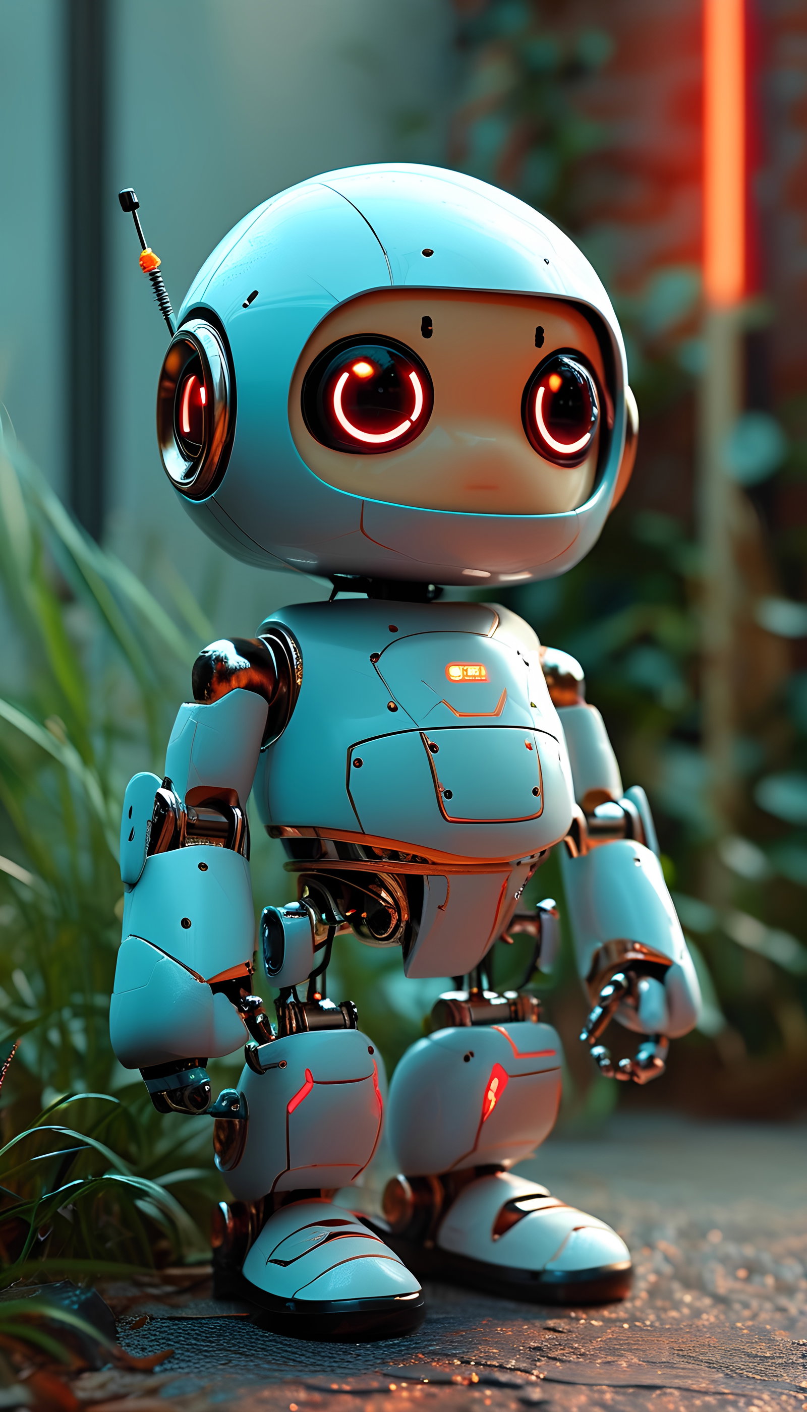 Cute Blue Robot With Glowing Eyes In Garden Scene 4