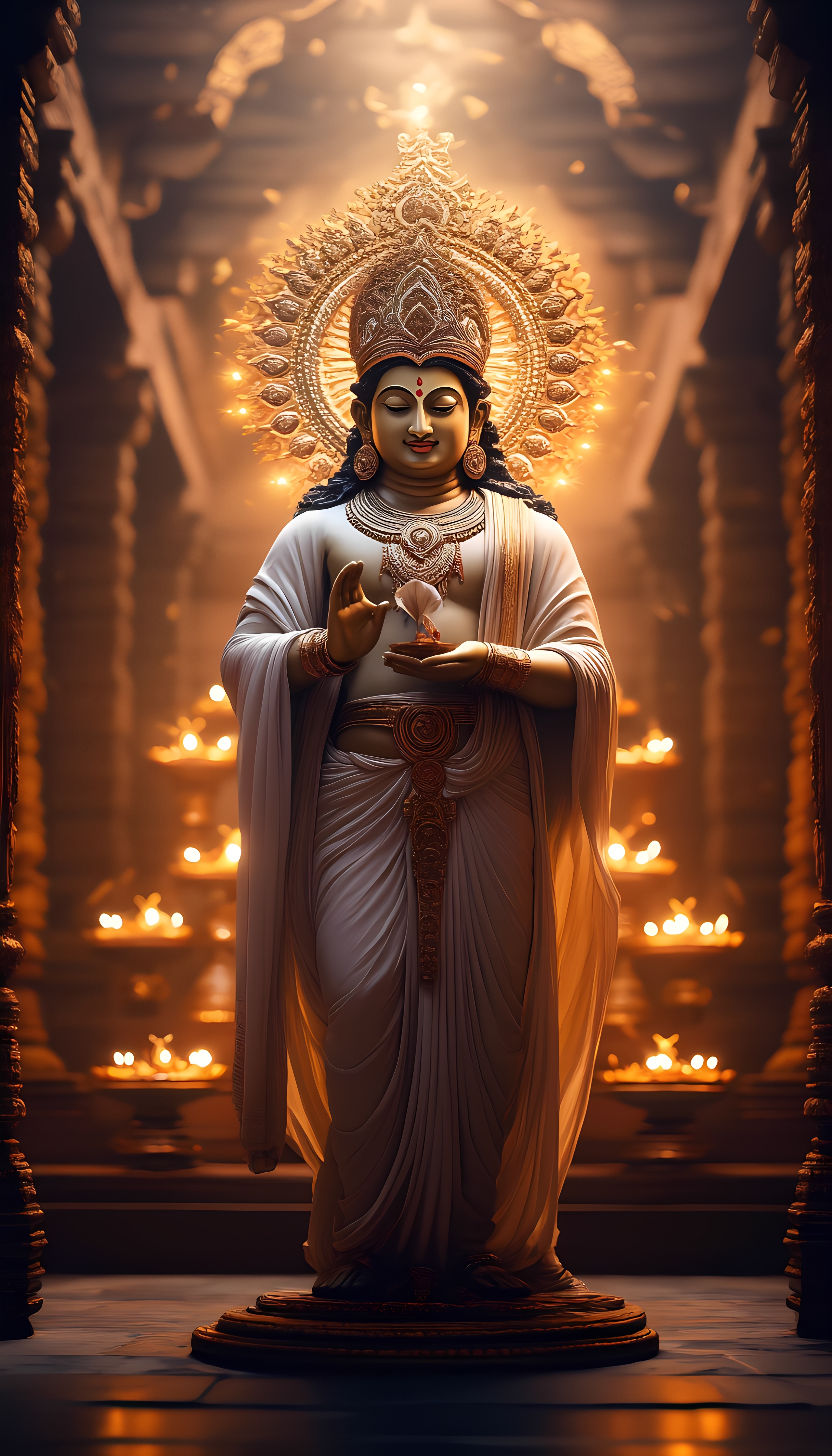Divine Goddess Sculpture White Silk Golden Ornaments Temple Lamps 3
