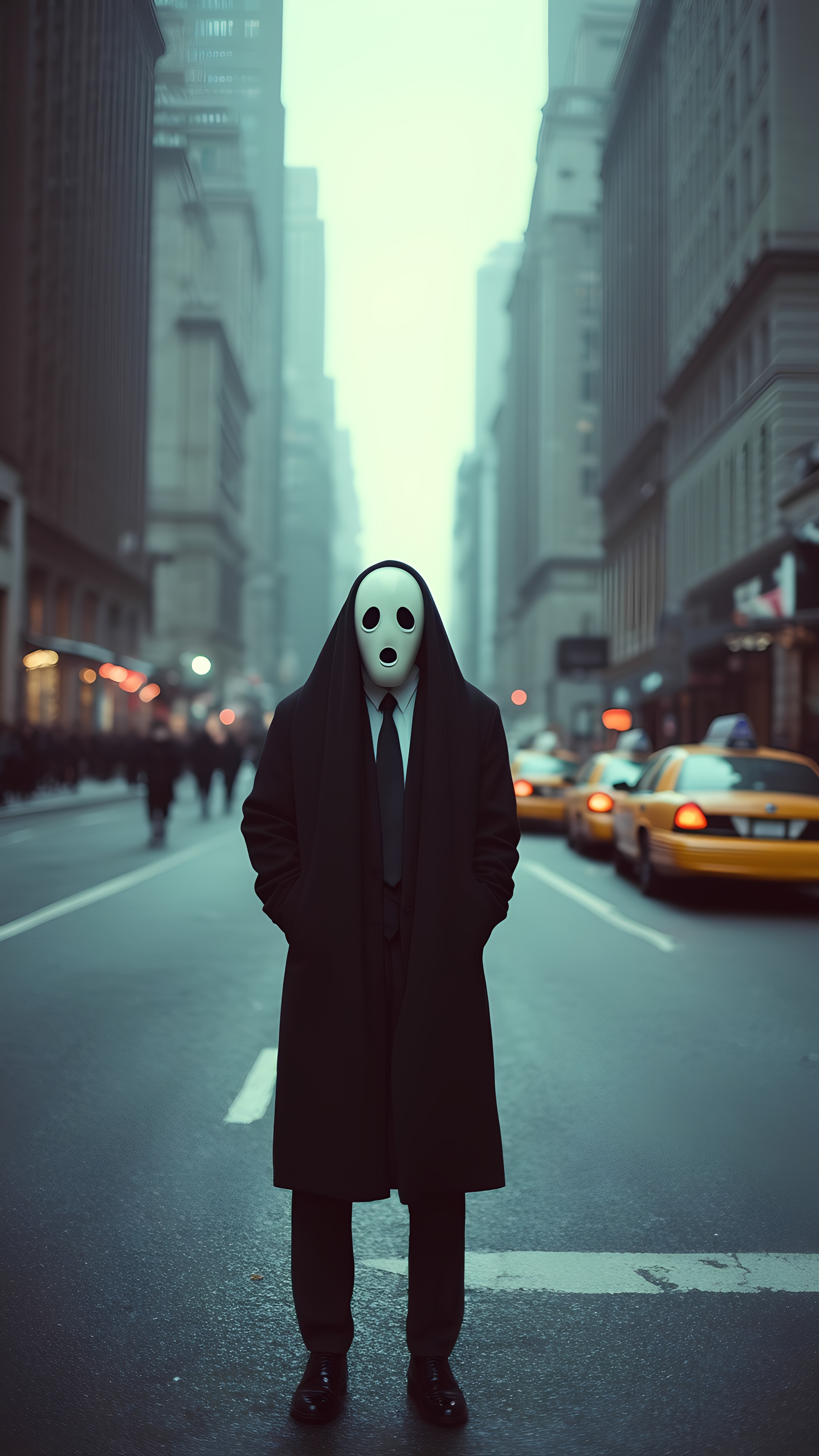 Eerie Masked Person In Black Cloak Standing In Urban Fog 1