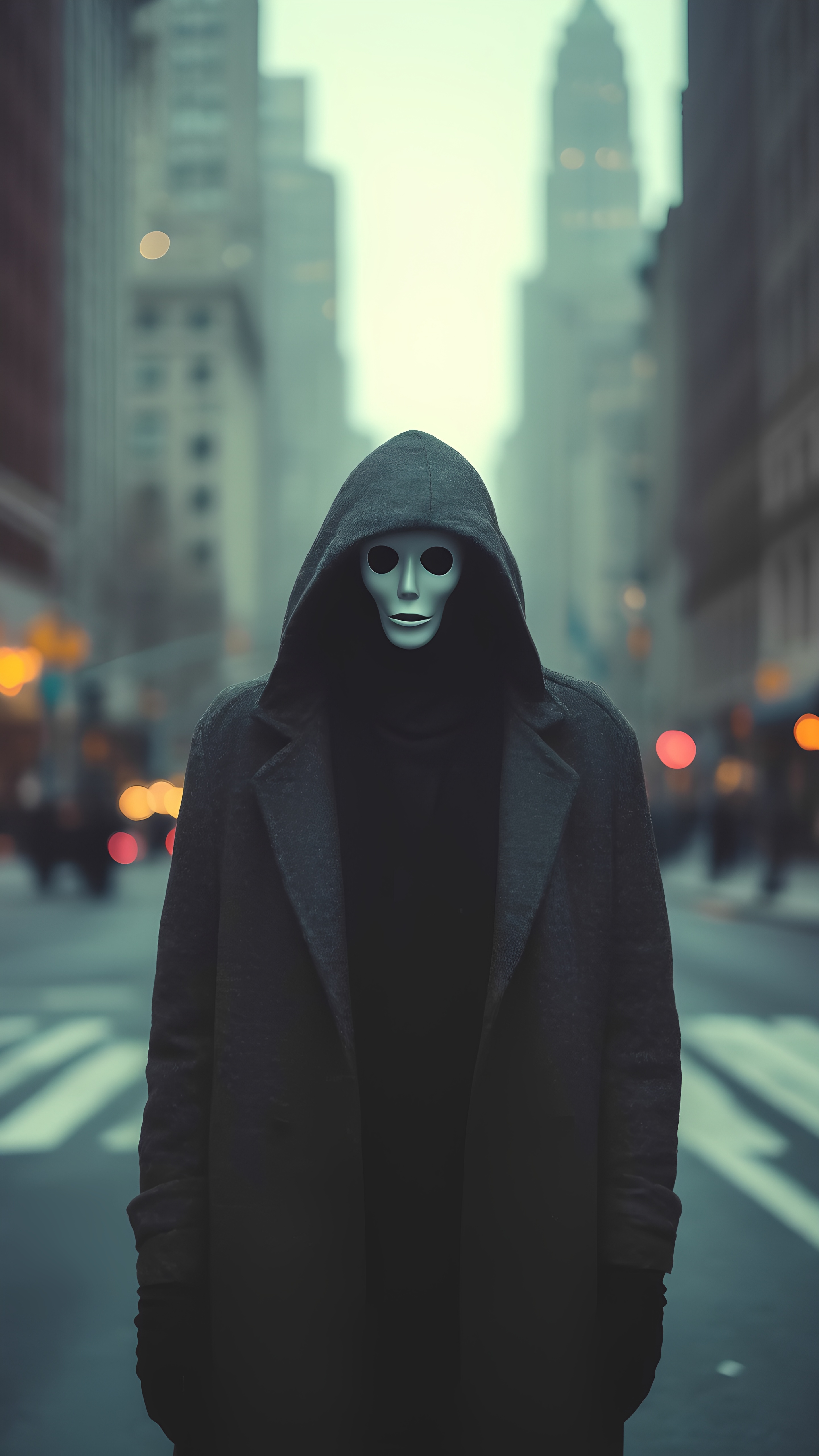 Eerie Masked Person In Black Cloak Standing In Urban Fog 2