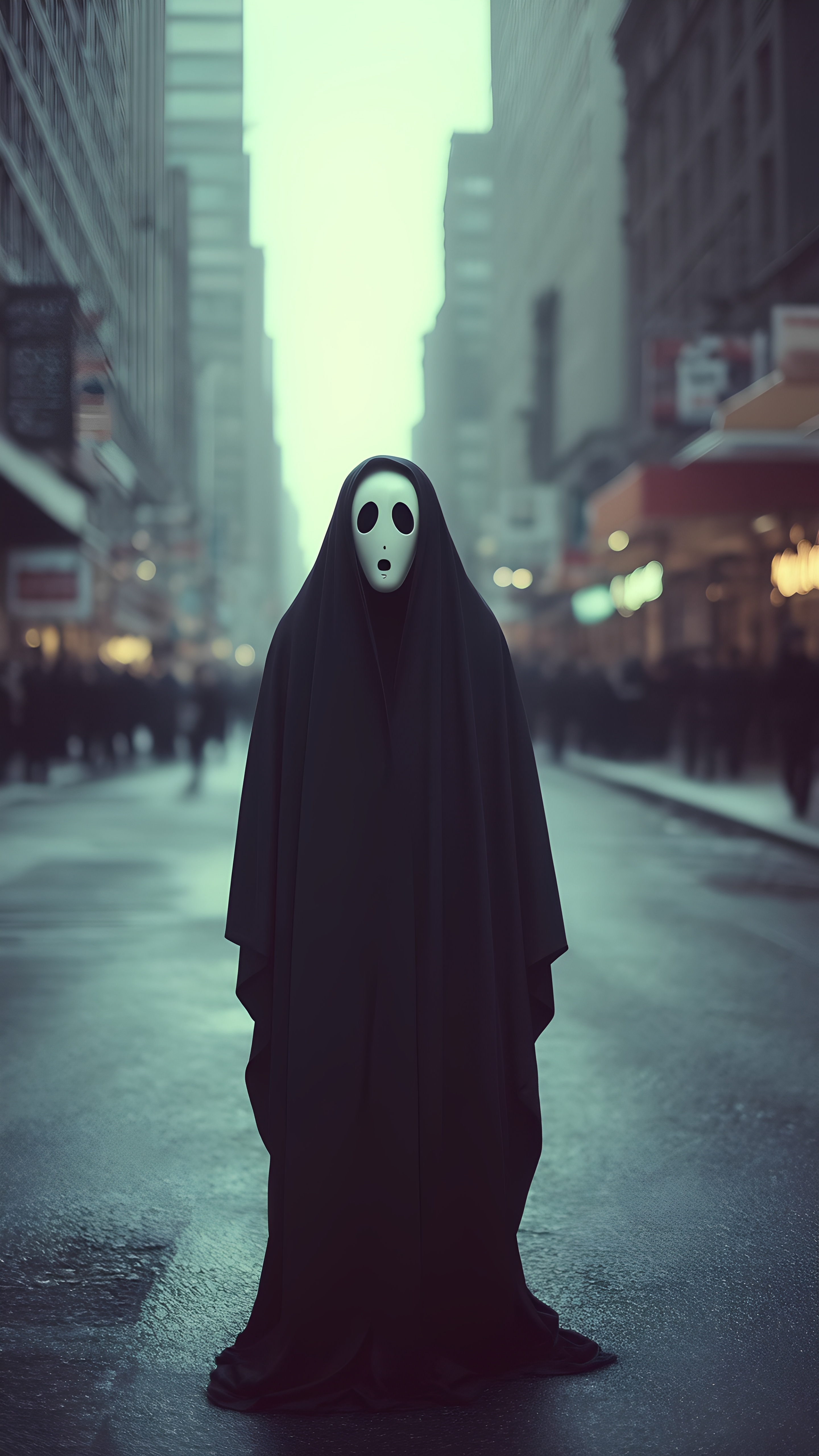 Eerie Masked Person In Black Cloak Standing In Urban Fog 3
