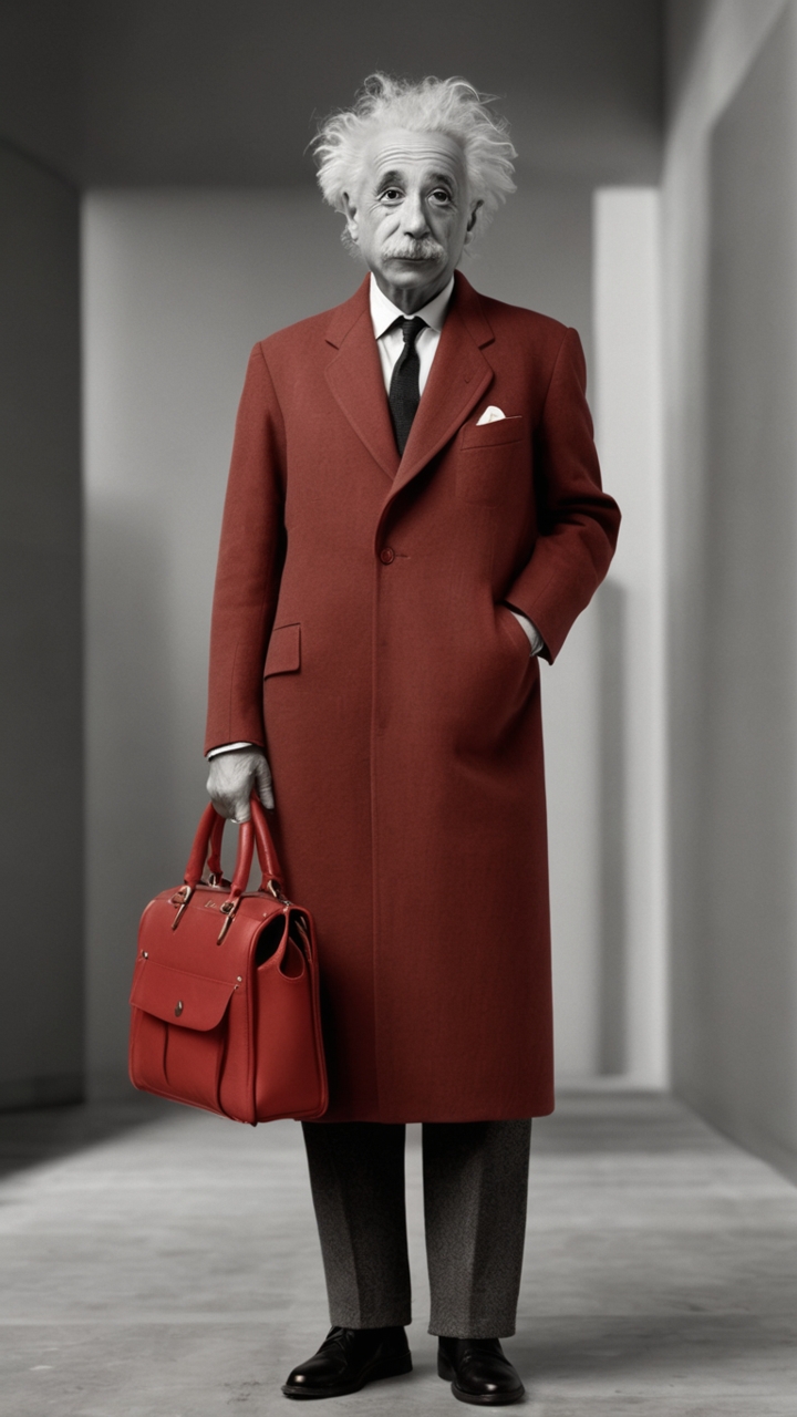Einstein Inspired Red Designer Coat Fashion Portrait 1